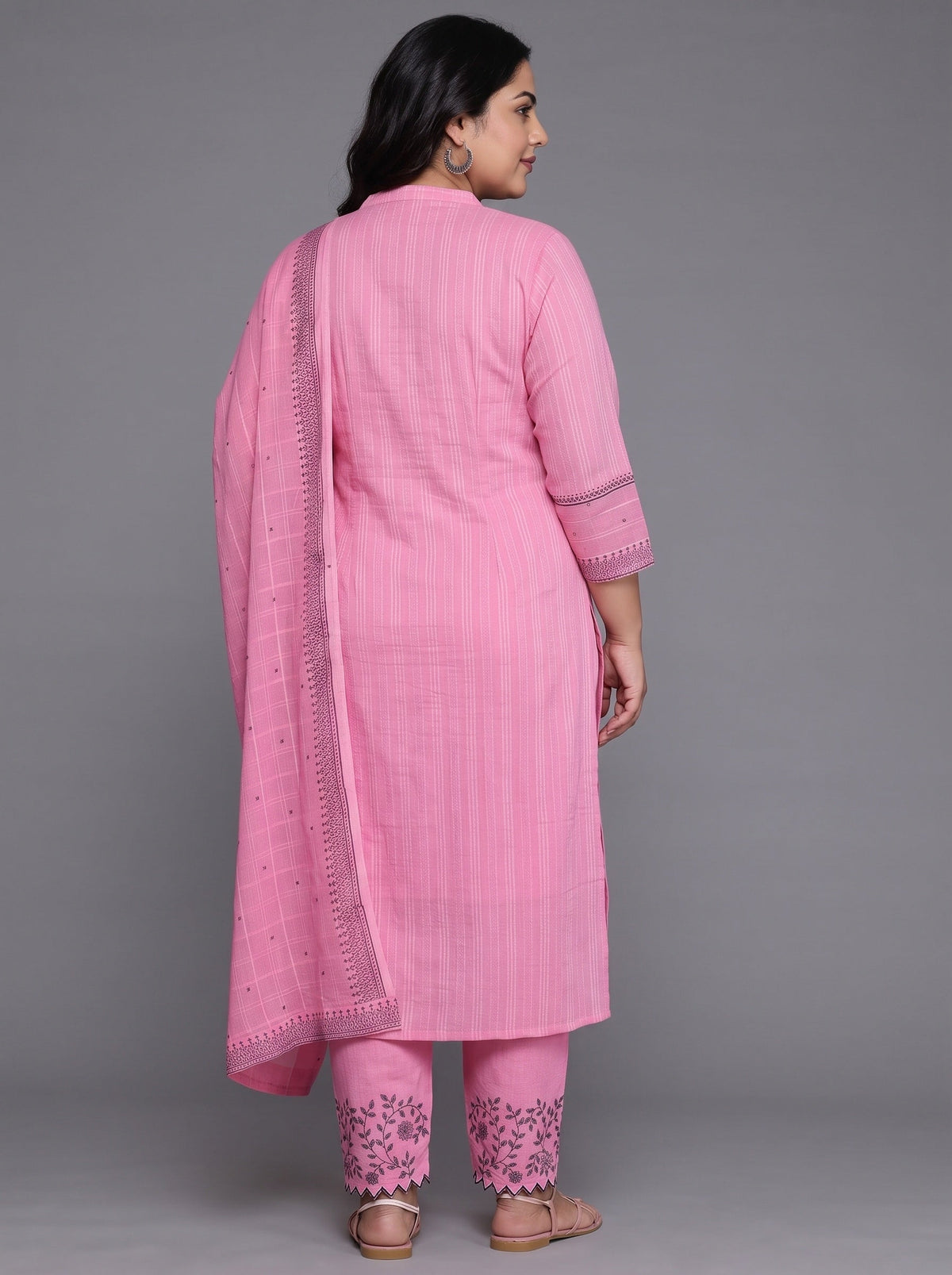 Plus Size Pink Woven Design Cotton Straight Suit With Dupatta