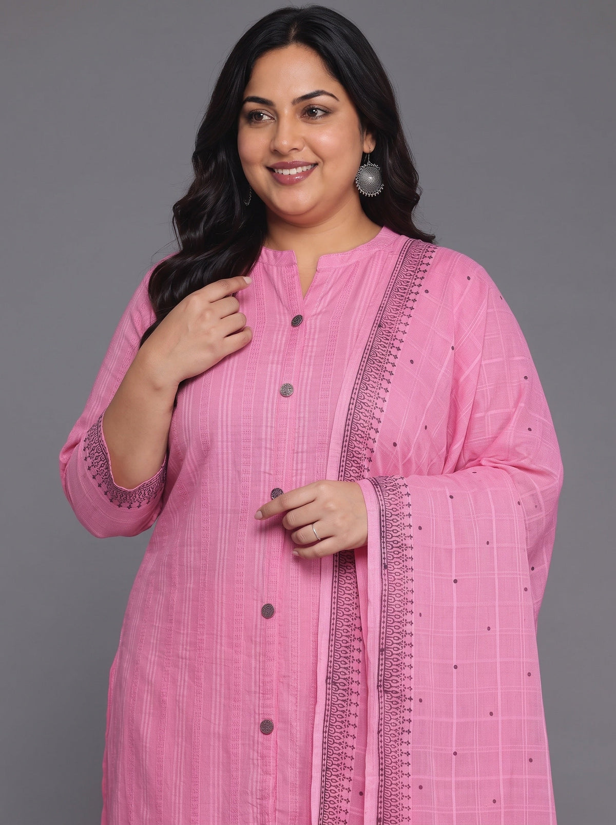 Plus Size Pink Woven Design Cotton Straight Suit With Dupatta