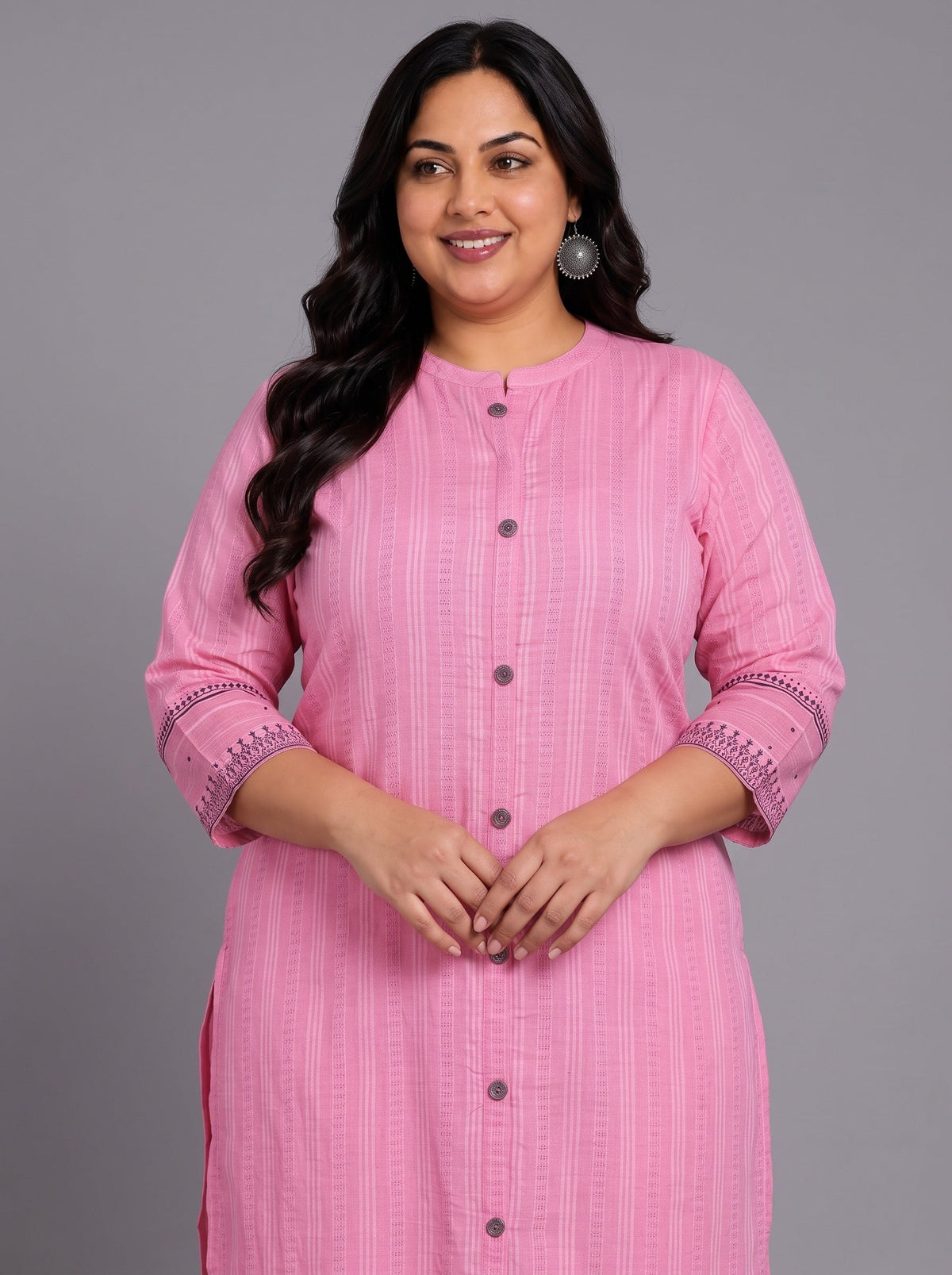 Plus Size Pink Woven Design Cotton Straight Suit With Dupatta