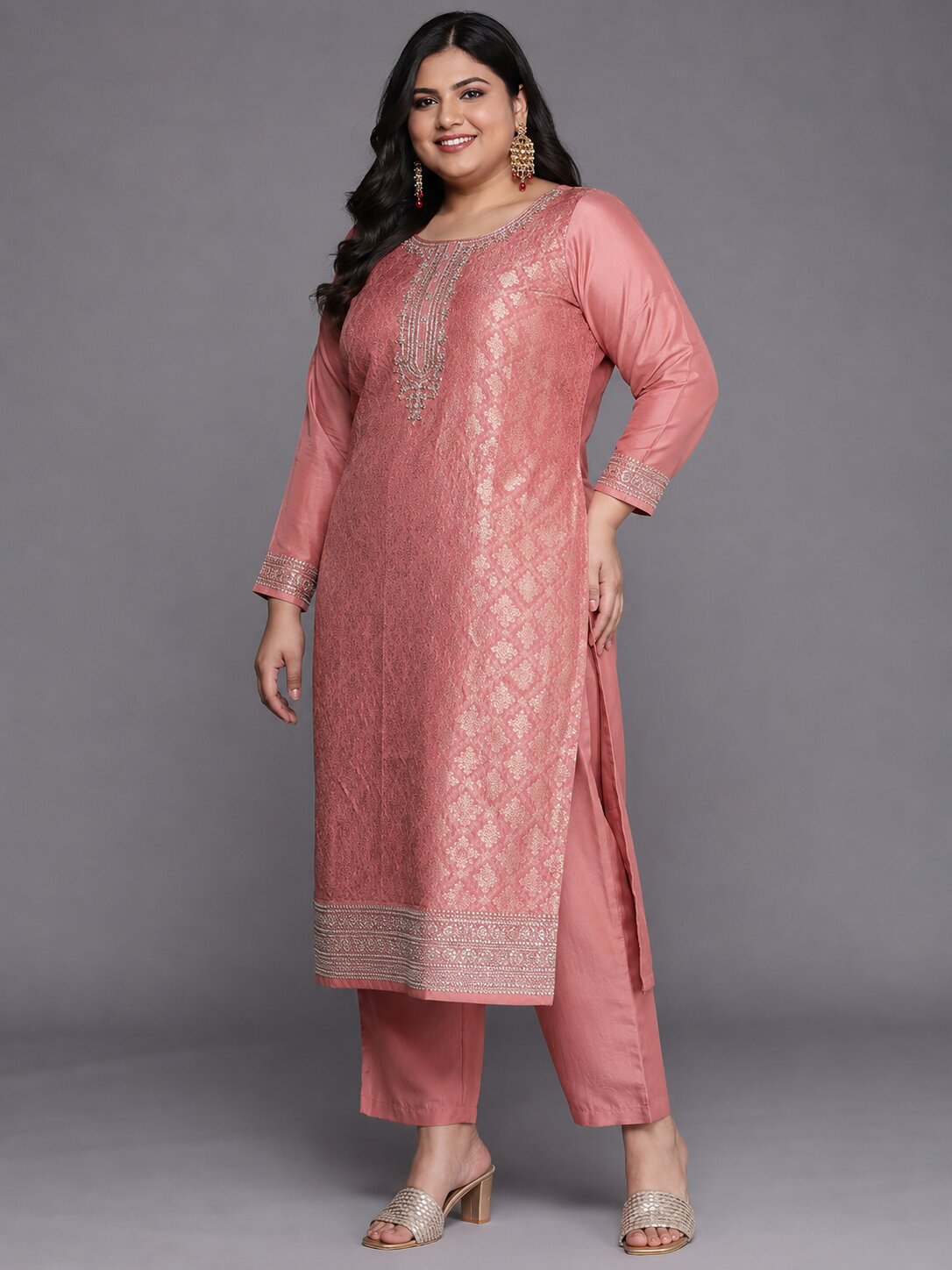 Plus Size Peach Self Design Silk Blend Straight Suit Set