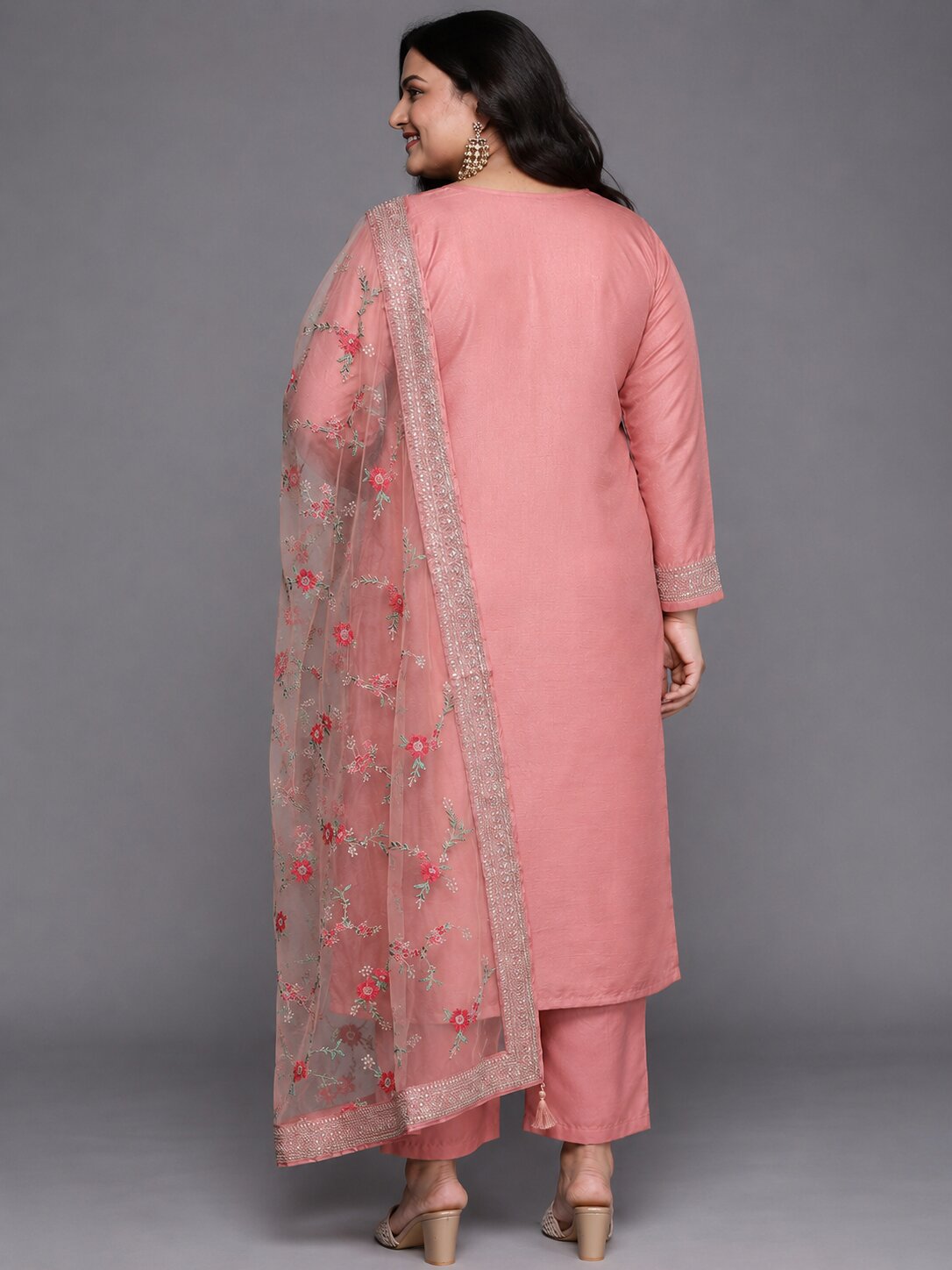 Plus Size Peach Self Design Silk Blend Straight Suit Set