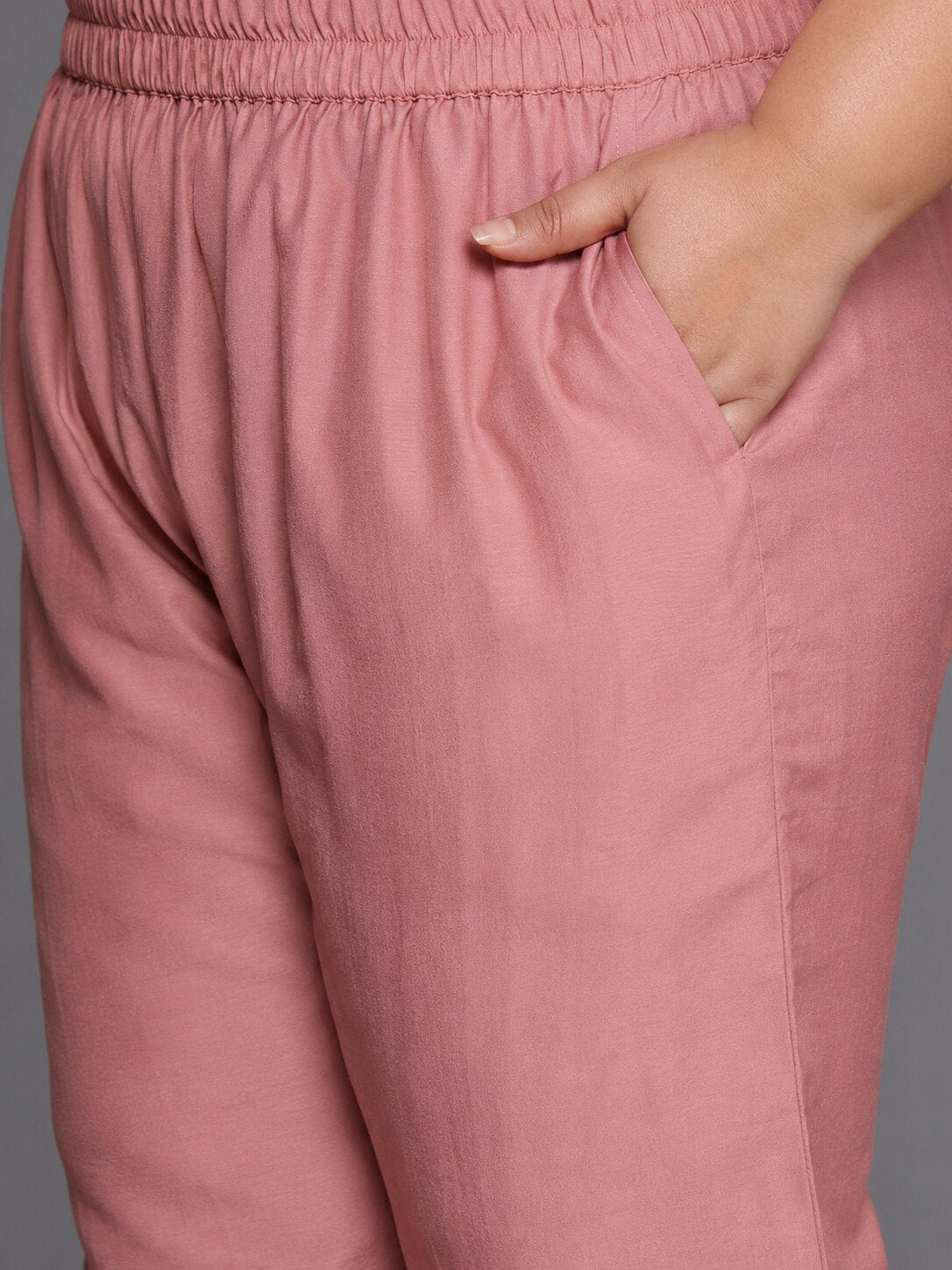 Plus Size Peach Self Design Silk Blend Straight Suit Set