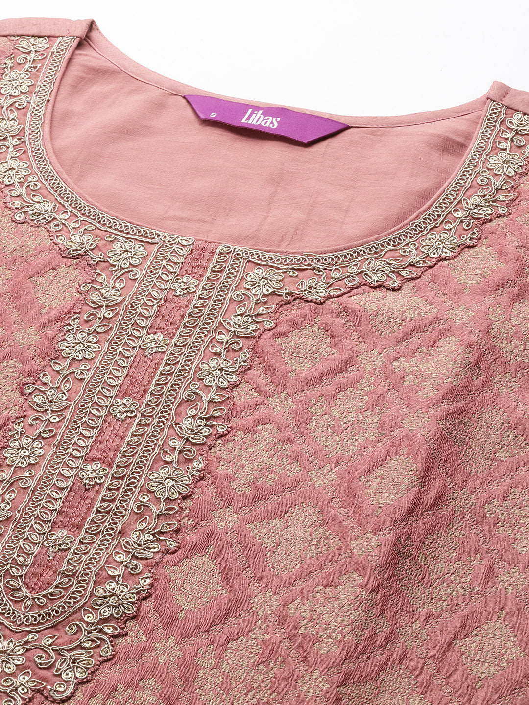 Plus Size Peach Self Design Silk Blend Straight Suit Set