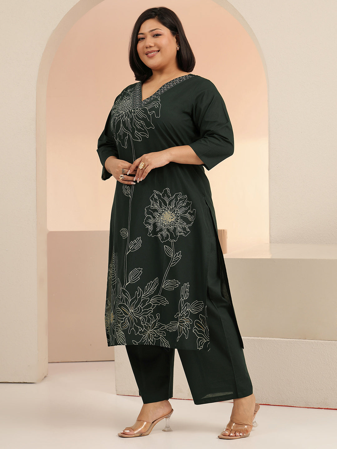 Plus Size Green Printed Cotton Straight Suit Set With Dupatta