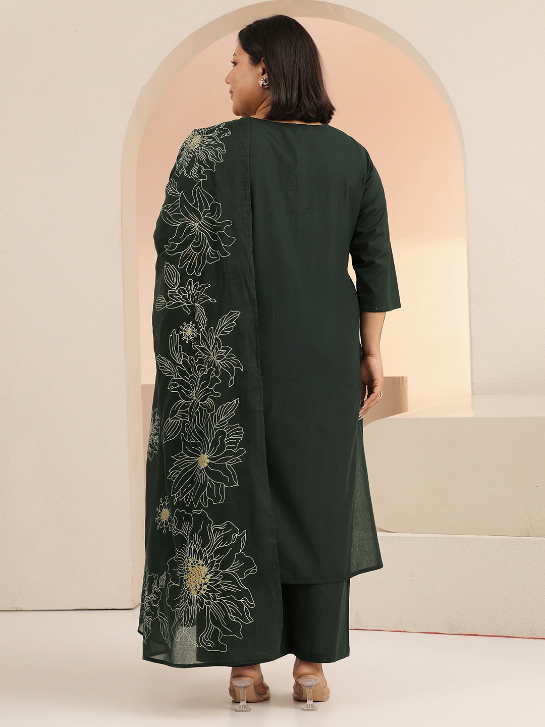 Plus Size Green Printed Cotton Straight Suit Set With Dupatta