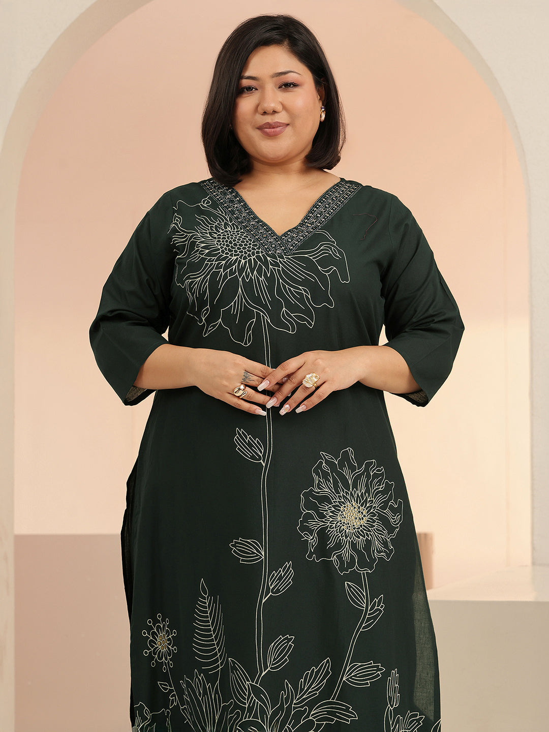 Plus Size Green Printed Cotton Straight Suit Set With Dupatta