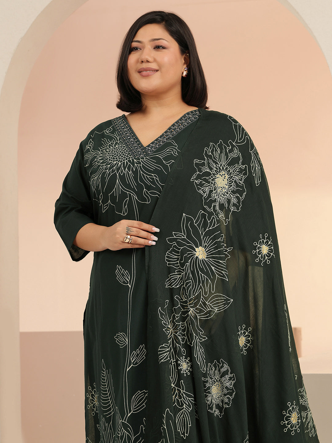 Plus Size Green Printed Cotton Straight Suit Set With Dupatta