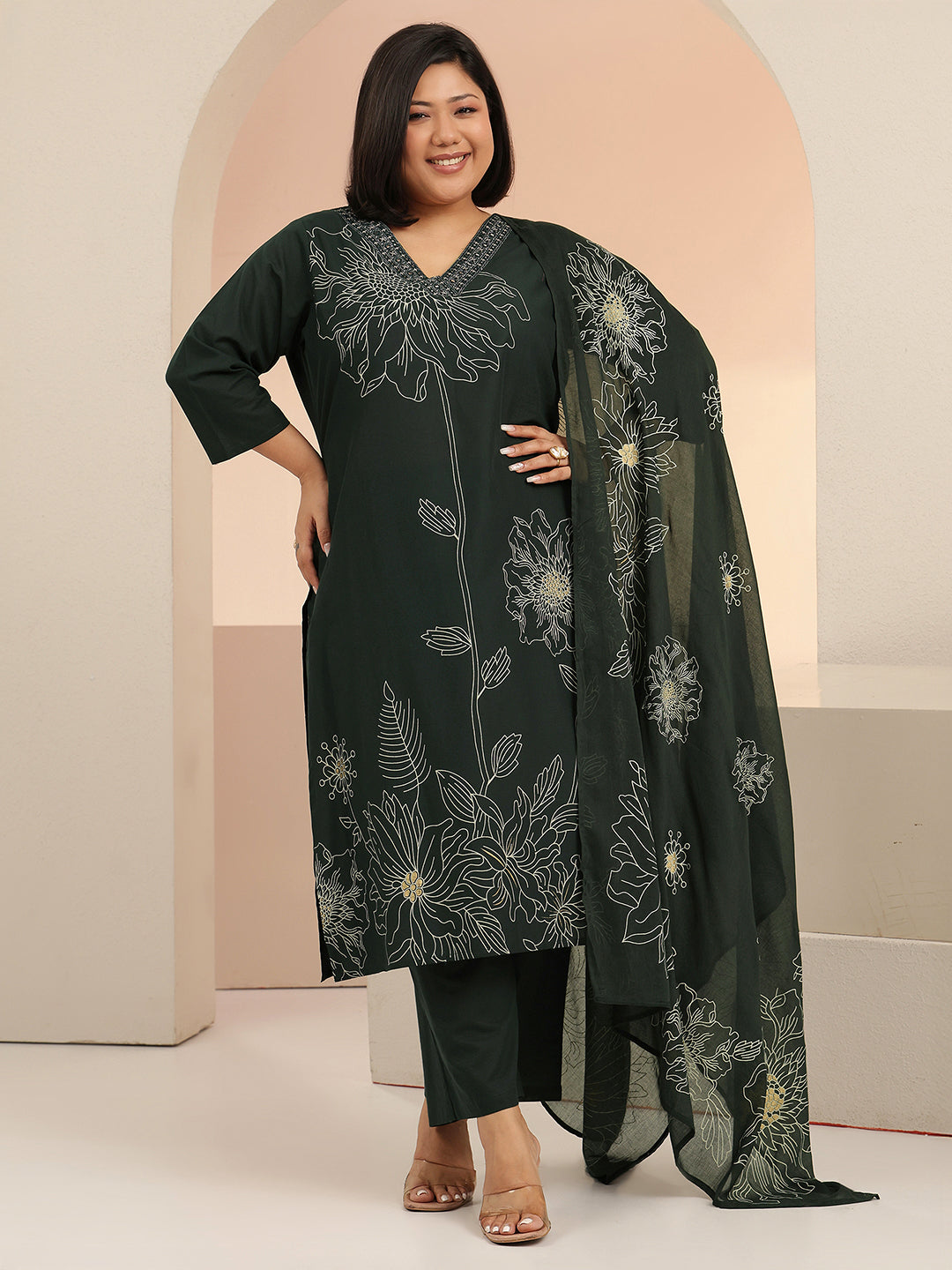 Plus Size Green Printed Cotton Straight Suit Set With Dupatta