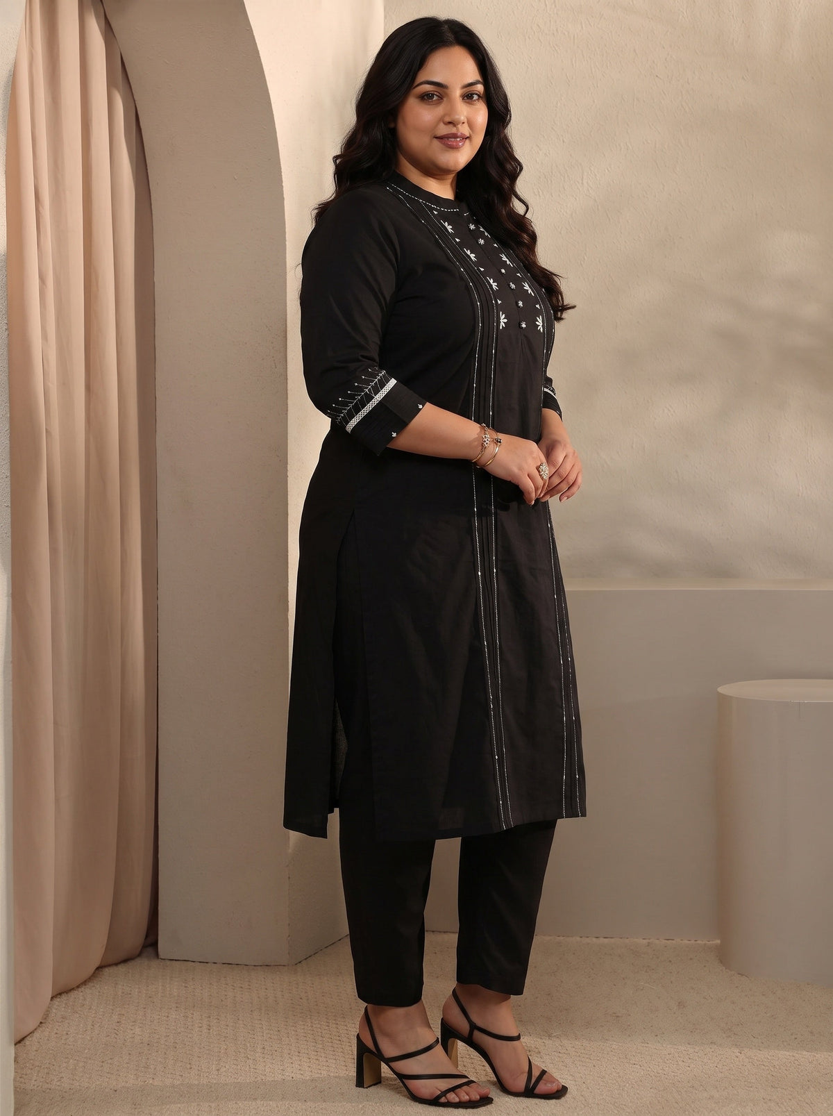 Plus Size Black Embroidered Cotton Straight Kurta Set