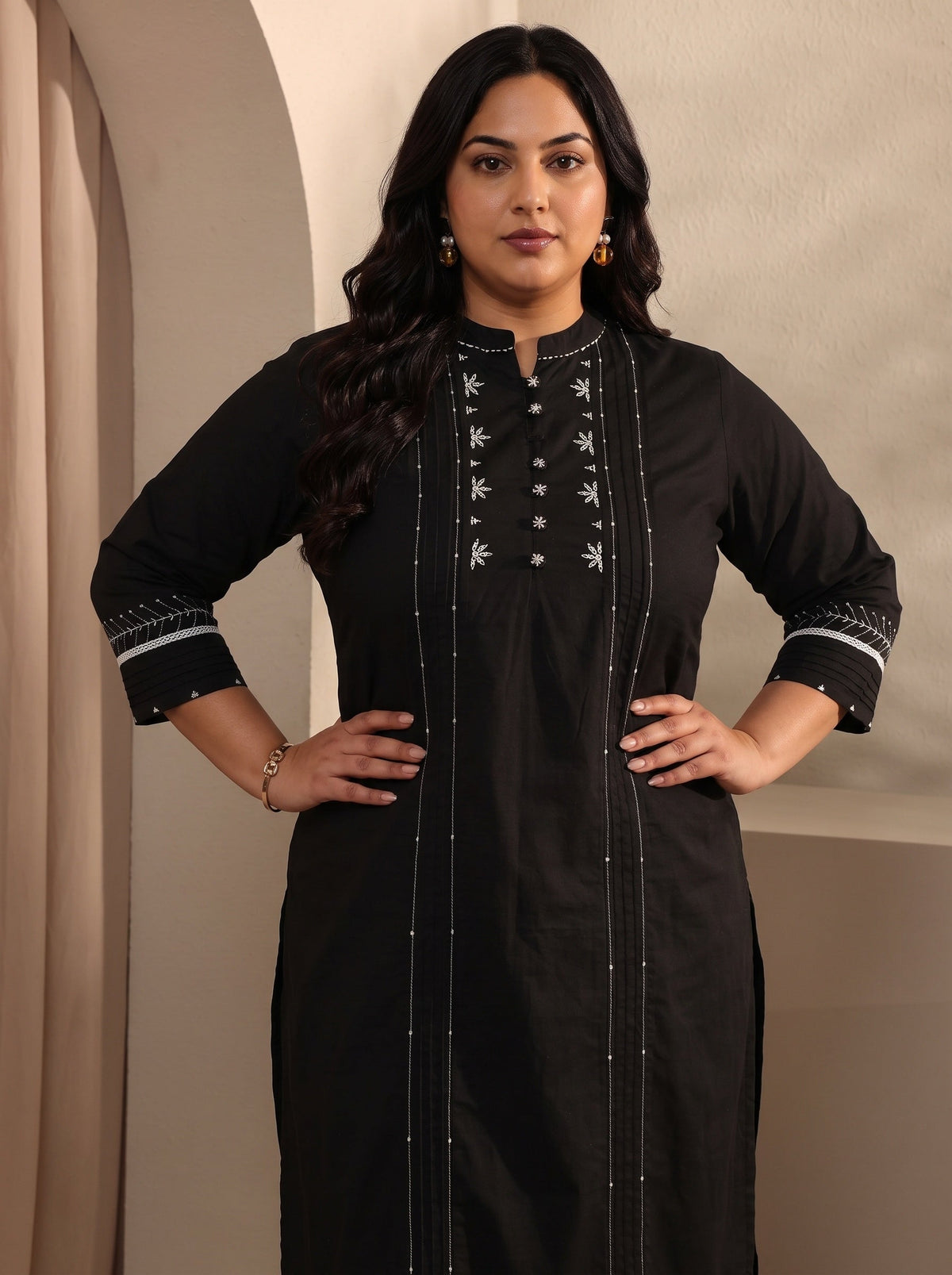 Plus Size Black Embroidered Cotton Straight Kurta Set