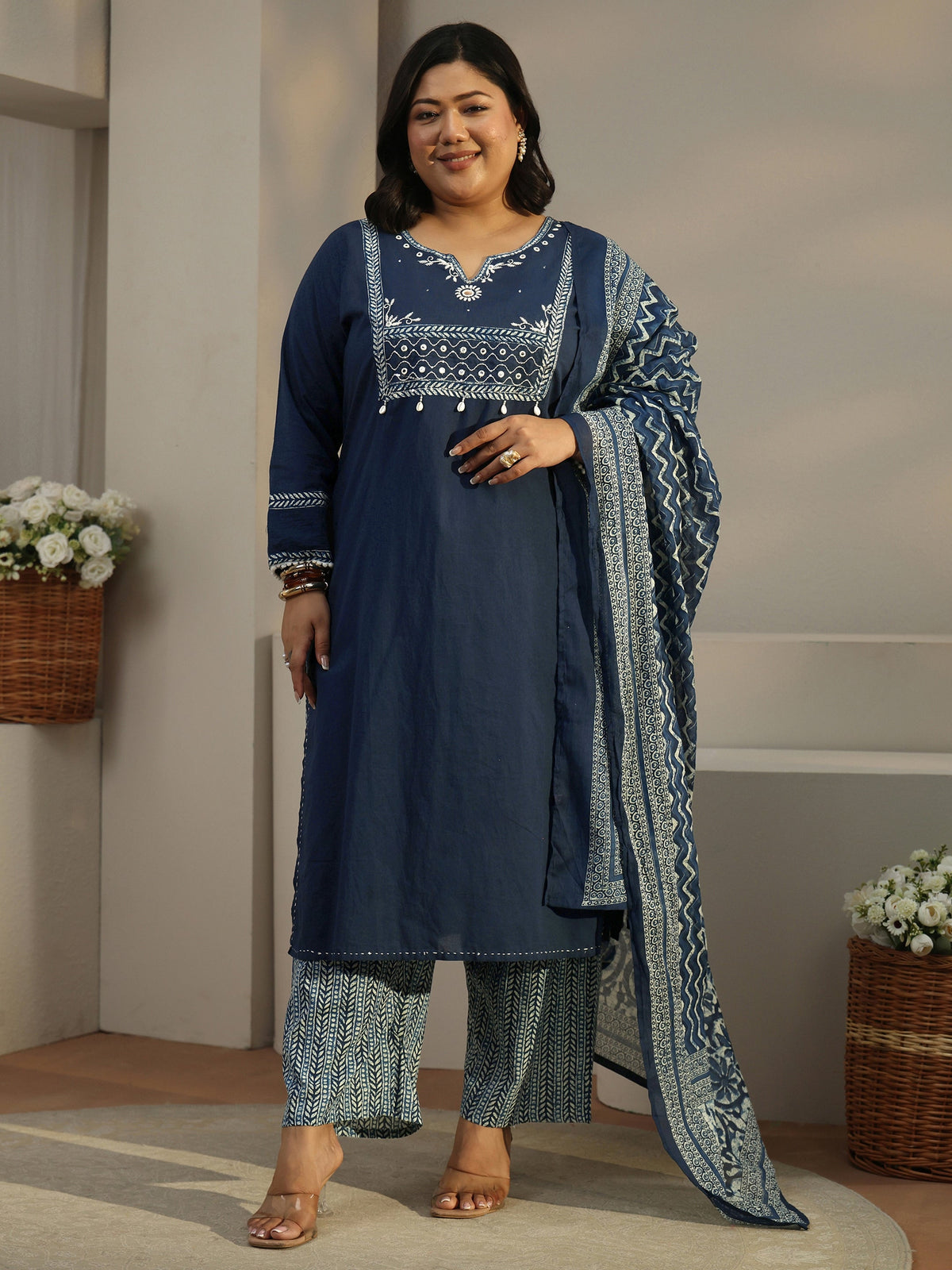 Plus Size Blue Floral Yoke Design Cotton Blend Straight Suit Set With Dupatta