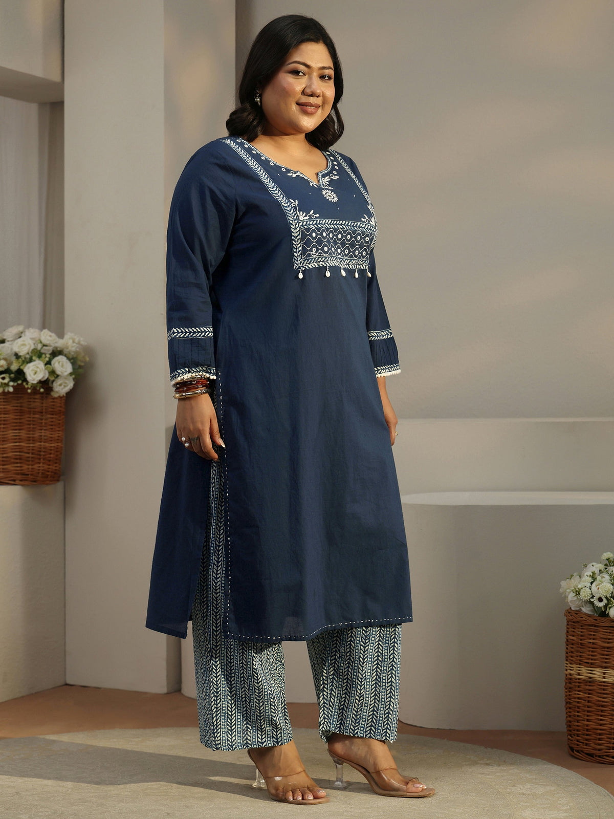 Plus Size Blue Floral Yoke Design Cotton Blend Straight Suit Set With Dupatta