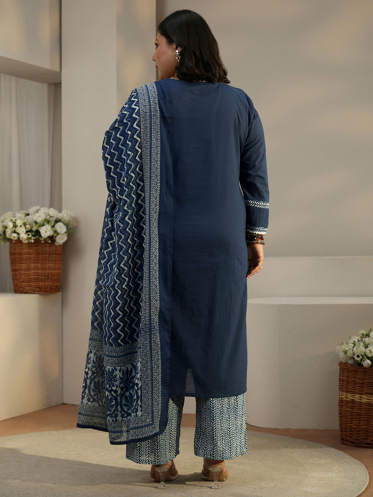 Plus Size Blue Floral Yoke Design Cotton Blend Straight Suit Set With Dupatta