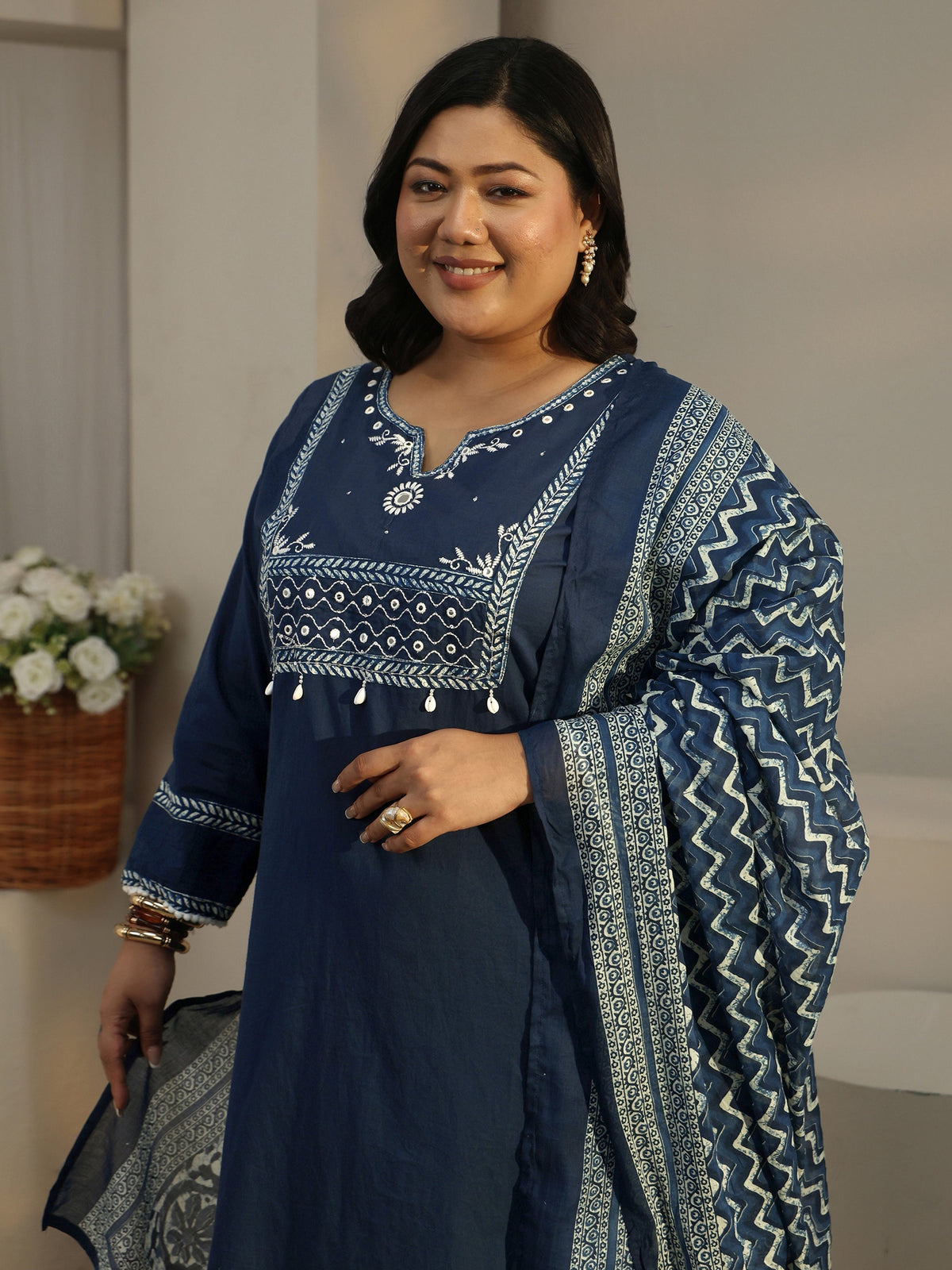 Plus Size Blue Floral Yoke Design Cotton Blend Straight Suit Set With Dupatta