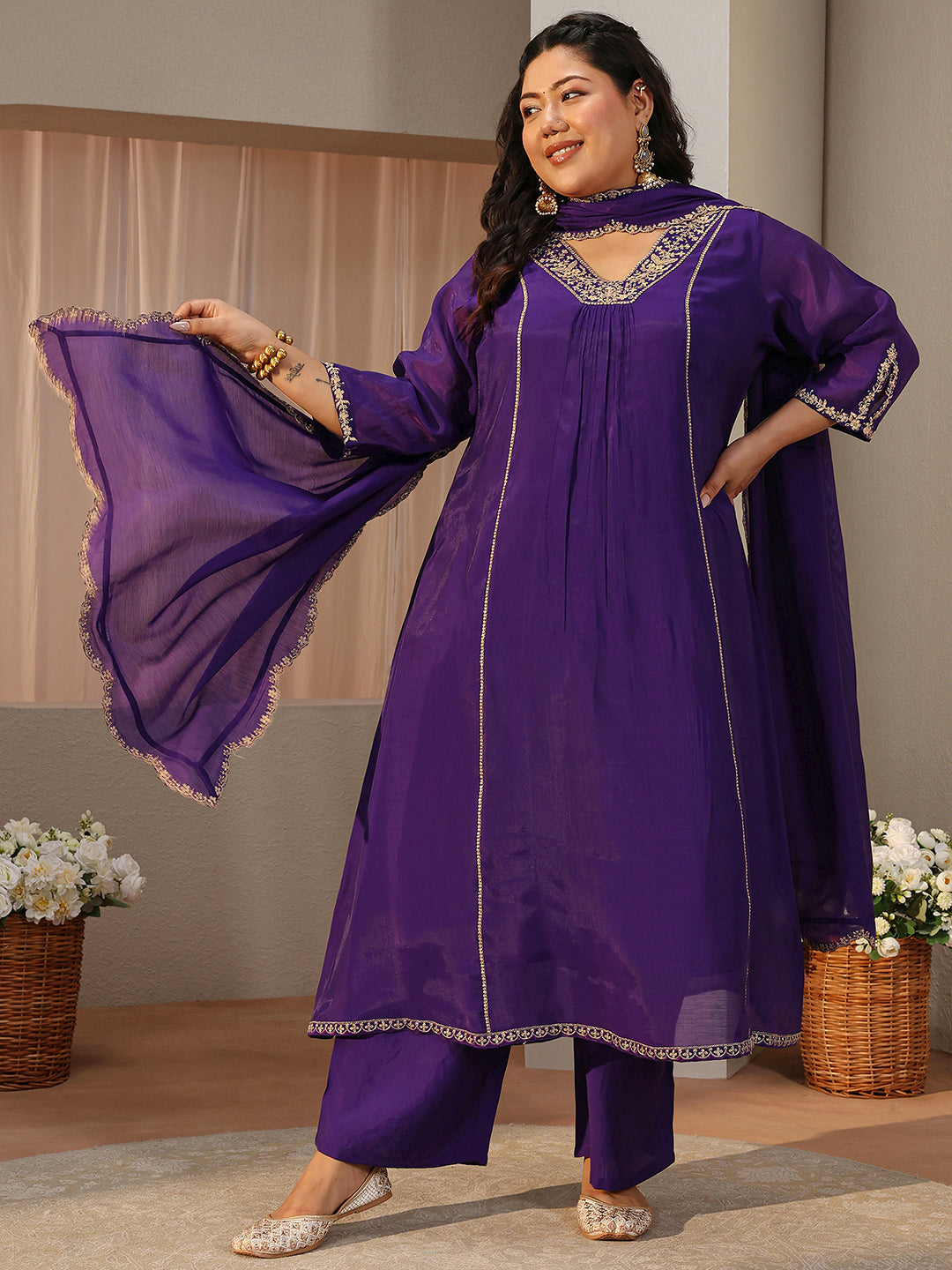 Plus Size Purple Embellished Silk Blend A-Line Suit Set