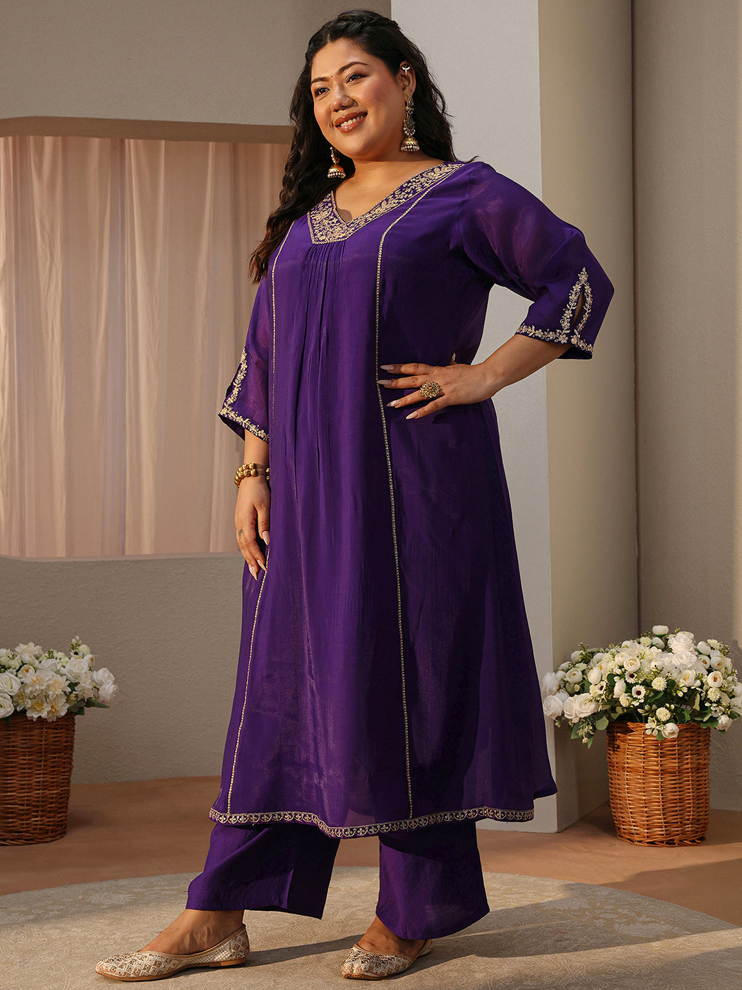 Plus Size Purple Embellished Silk Blend A-Line Suit Set
