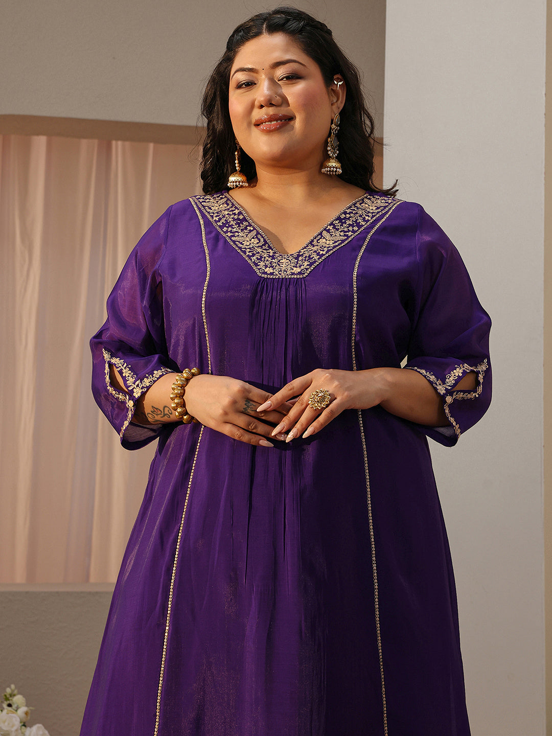 Plus Size Purple Embellished Silk Blend A-Line Suit Set
