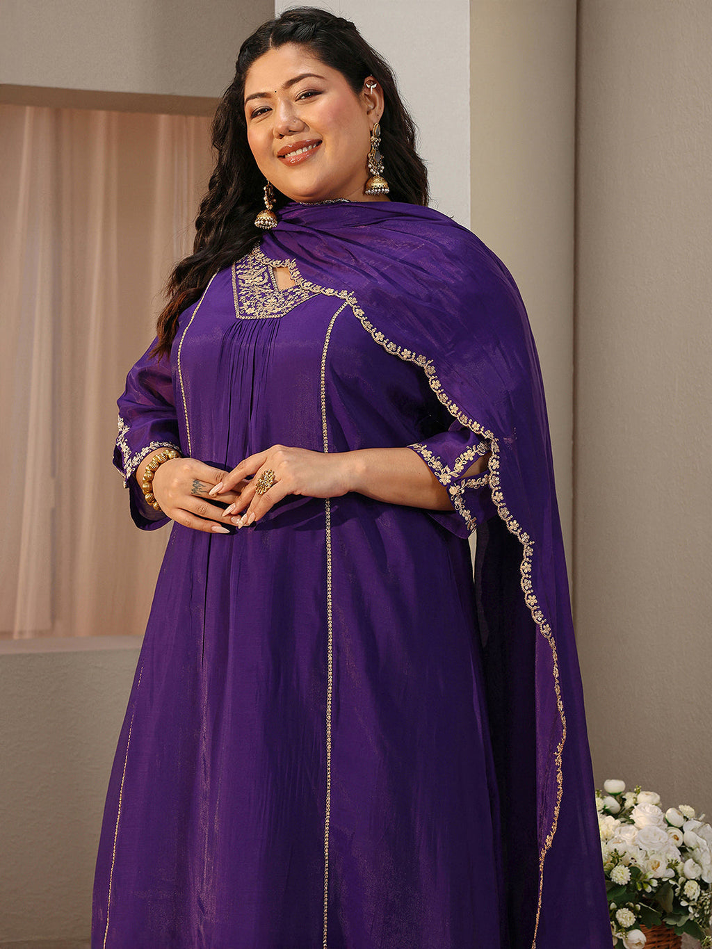 Plus Size Purple Embellished Silk Blend A-Line Suit Set