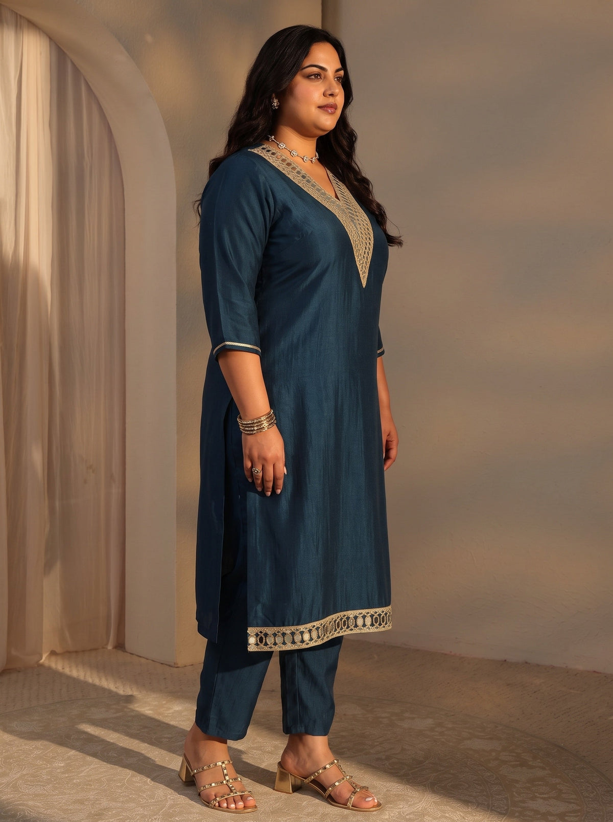Plus Size Aprajita Navy Blue Mirror Work Yoke Design Silk Blend Straight Kurta Set