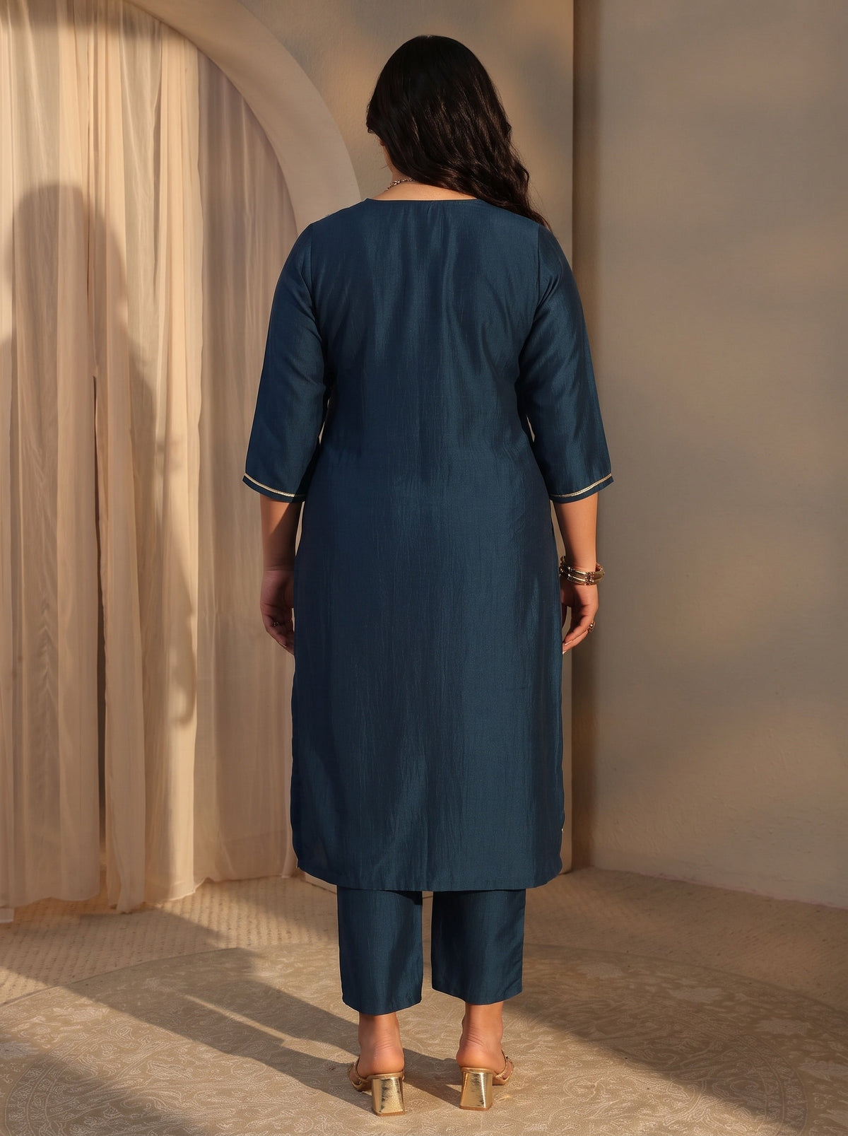 Plus Size Aprajita Navy Blue Mirror Work Yoke Design Silk Blend Straight Kurta Set