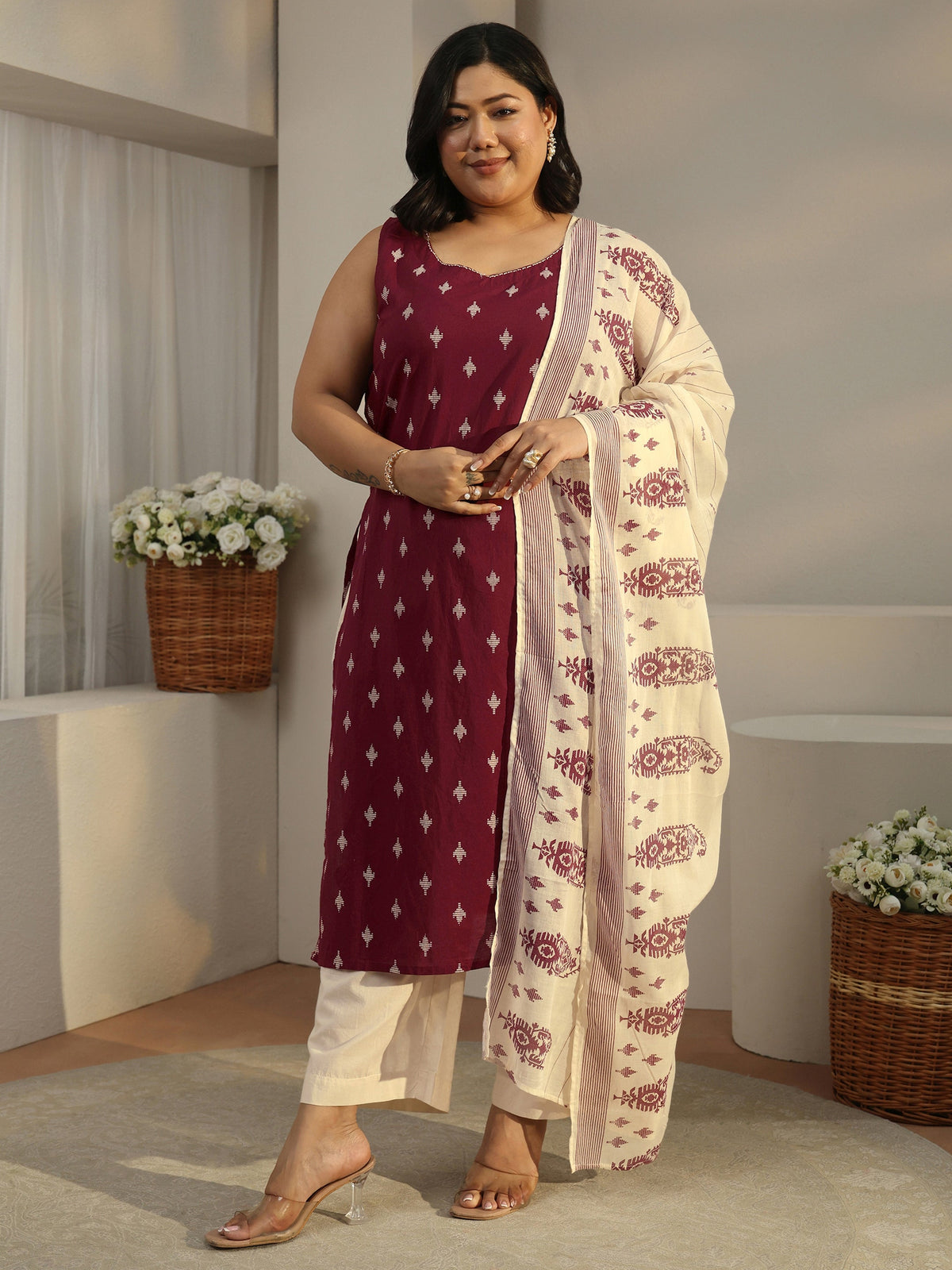 Plus Size Maroon Ethnic Motifs Printed Cotton Blend Straight Suit Set With Dupatta