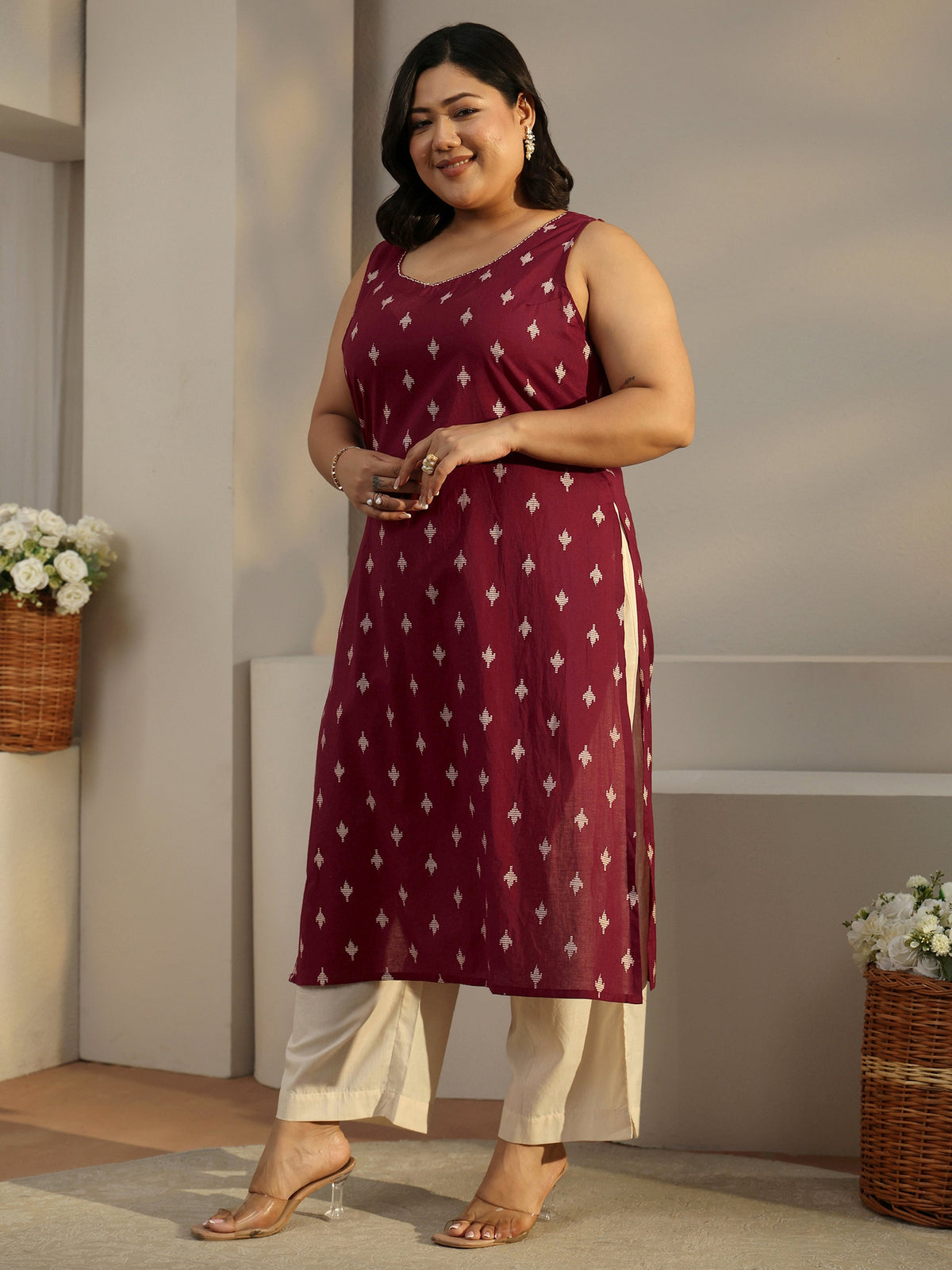 Plus Size Maroon Ethnic Motifs Printed Cotton Blend Straight Suit Set With Dupatta