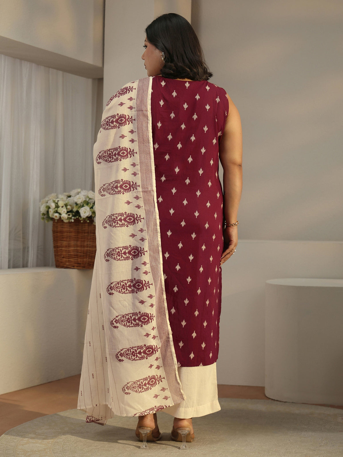 Plus Size Maroon Ethnic Motifs Printed Cotton Blend Straight Suit Set With Dupatta