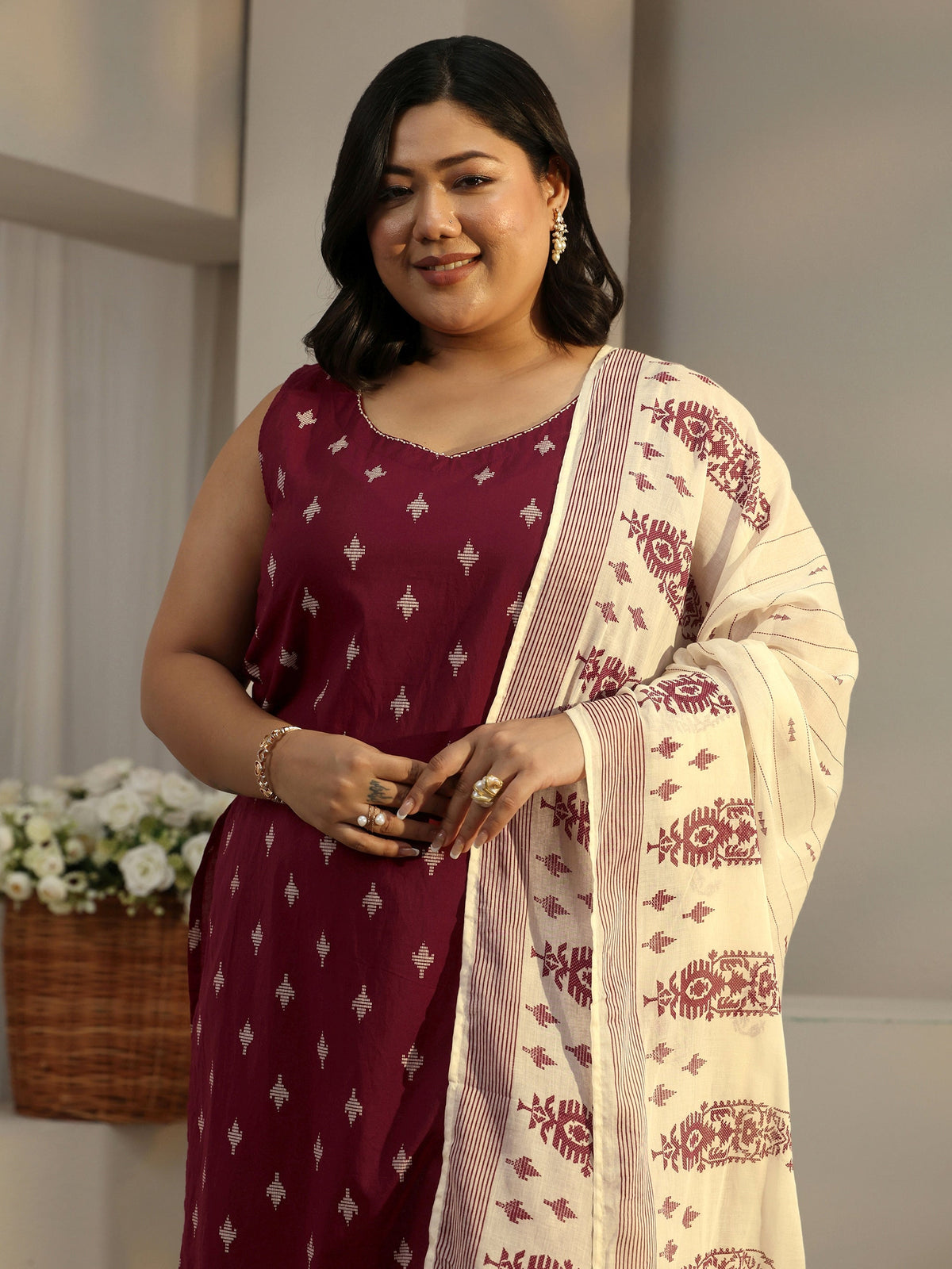 Plus Size Maroon Ethnic Motifs Printed Cotton Blend Straight Suit Set With Dupatta