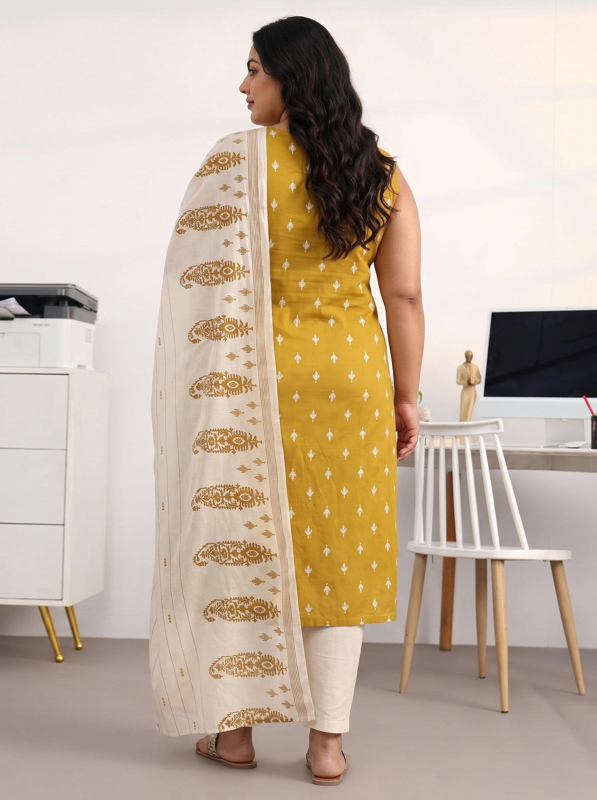 Plus Size Mustard Ethnic Motifs Printed Cotton Blend Straight Suit Set With Dupatta