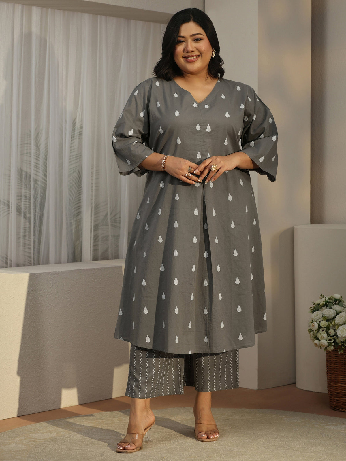 Plus Size Grey Floral Woven Design Cotton Blend A-Line Kurta Set