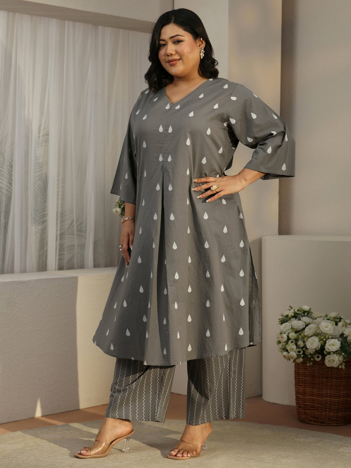 Plus Size Grey Floral Woven Design Cotton Blend A-Line Kurta Set