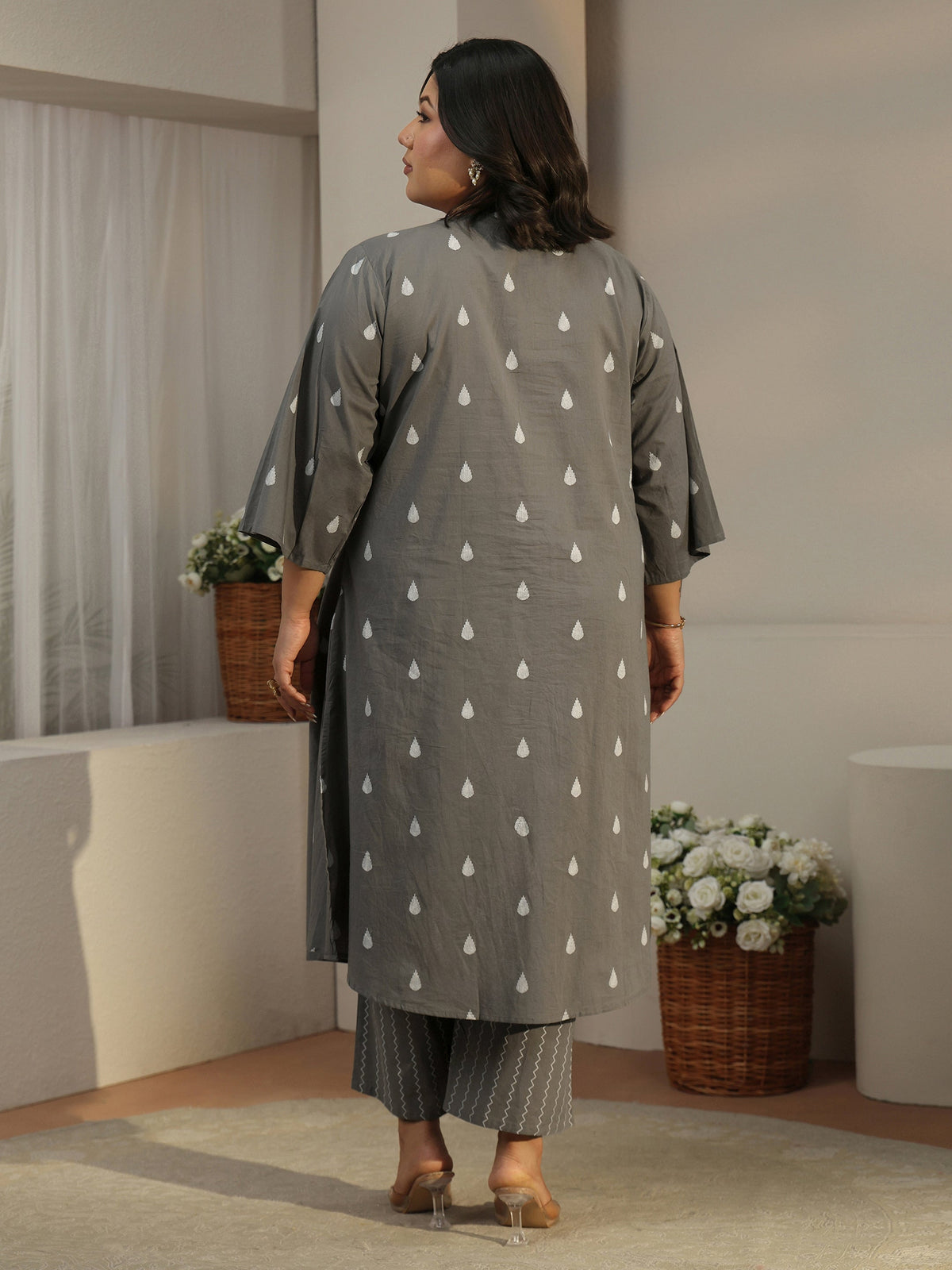 Plus Size Grey Floral Woven Design Cotton Blend A-Line Kurta Set