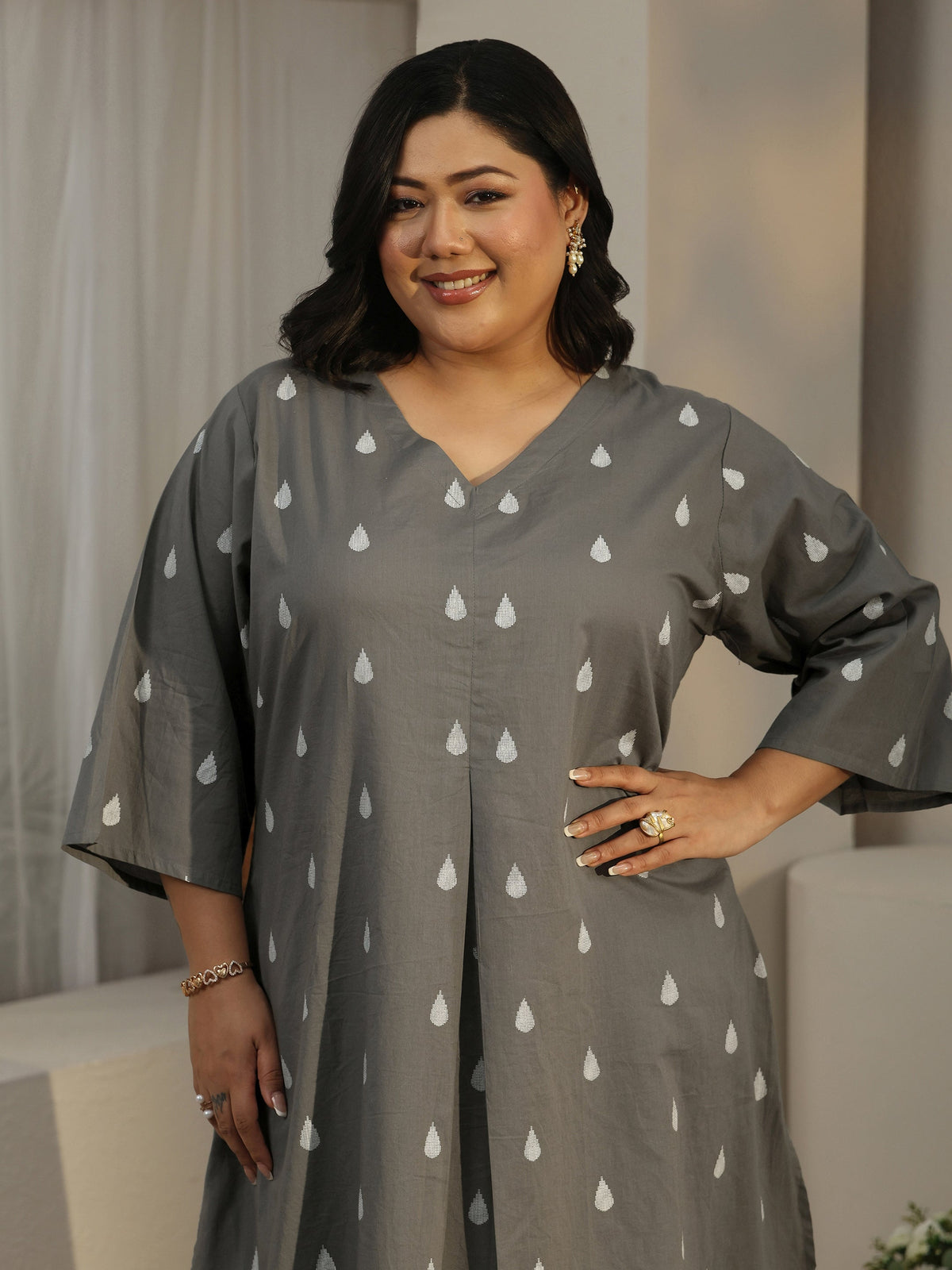 Plus Size Grey Floral Woven Design Cotton Blend A-Line Kurta Set