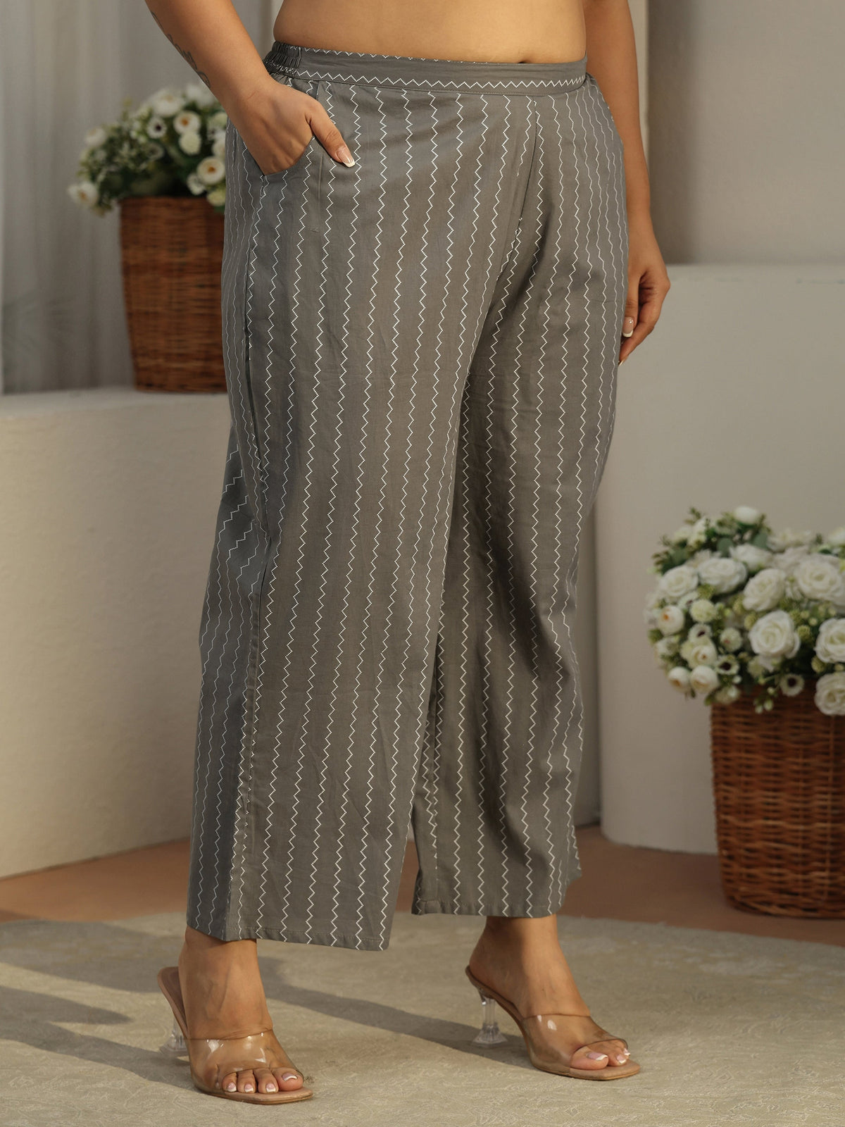Plus Size Grey Floral Woven Design Cotton Blend A-Line Kurta Set