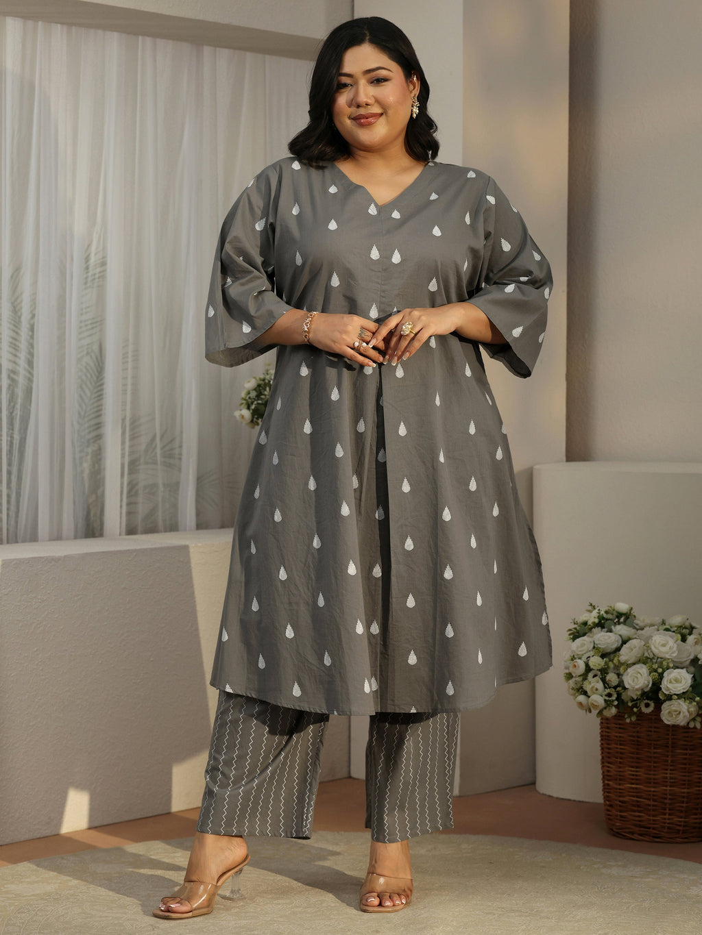 Plus Size Grey Floral Woven Design Cotton Blend A-Line Kurta Set