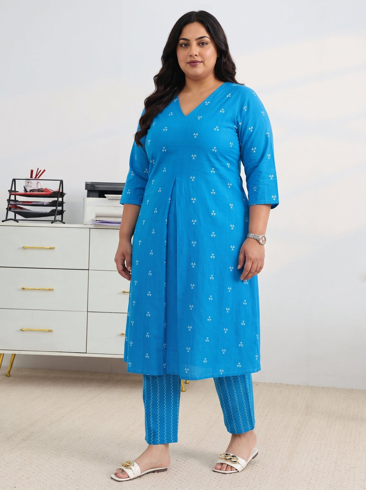 Plus Size Blue Woven Design Cotton Blend A-Line Kurta Set
