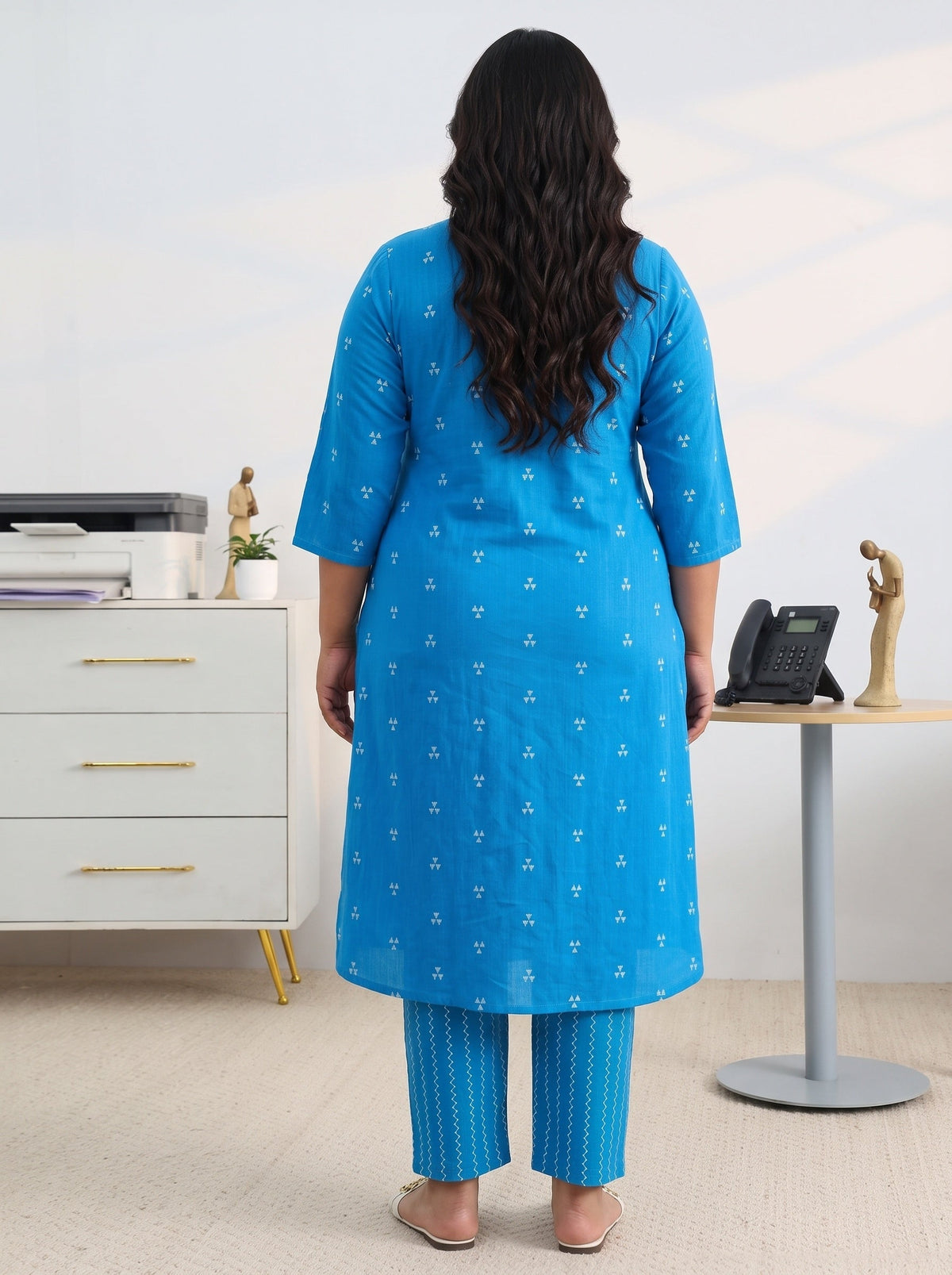 Plus Size Blue Woven Design Cotton Blend A-Line Kurta Set