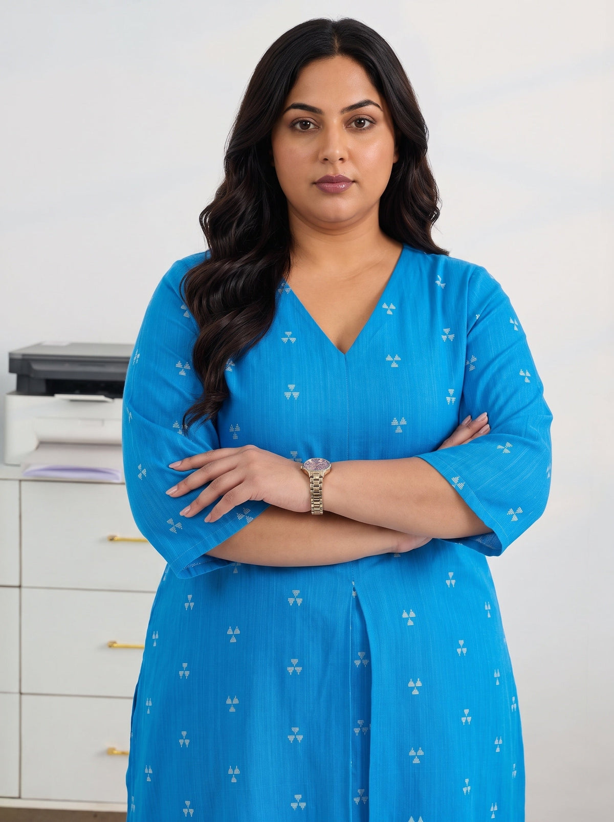 Plus Size Blue Woven Design Cotton Blend A-Line Kurta Set