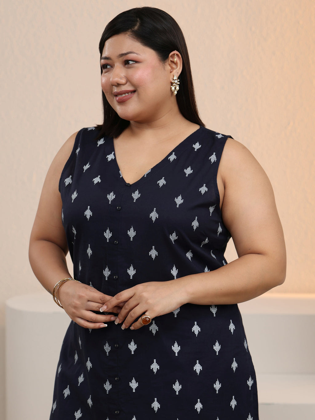 Plus Size Navy Blue Floral Printed Cotton Blend Straight Kurta Set