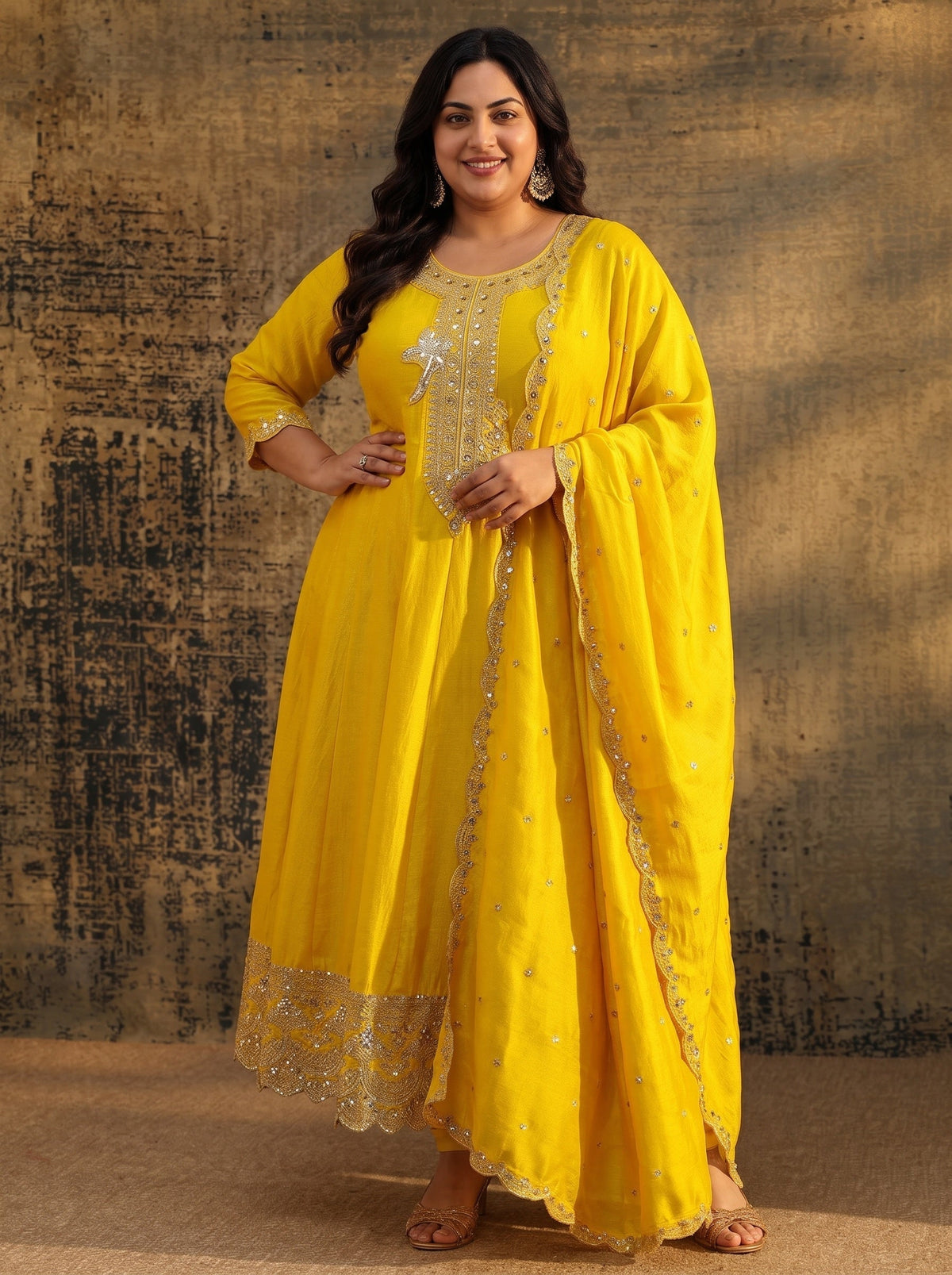 Plus Size Lemon Yellow  Embellished Silk Blend Anarkali Suit Set