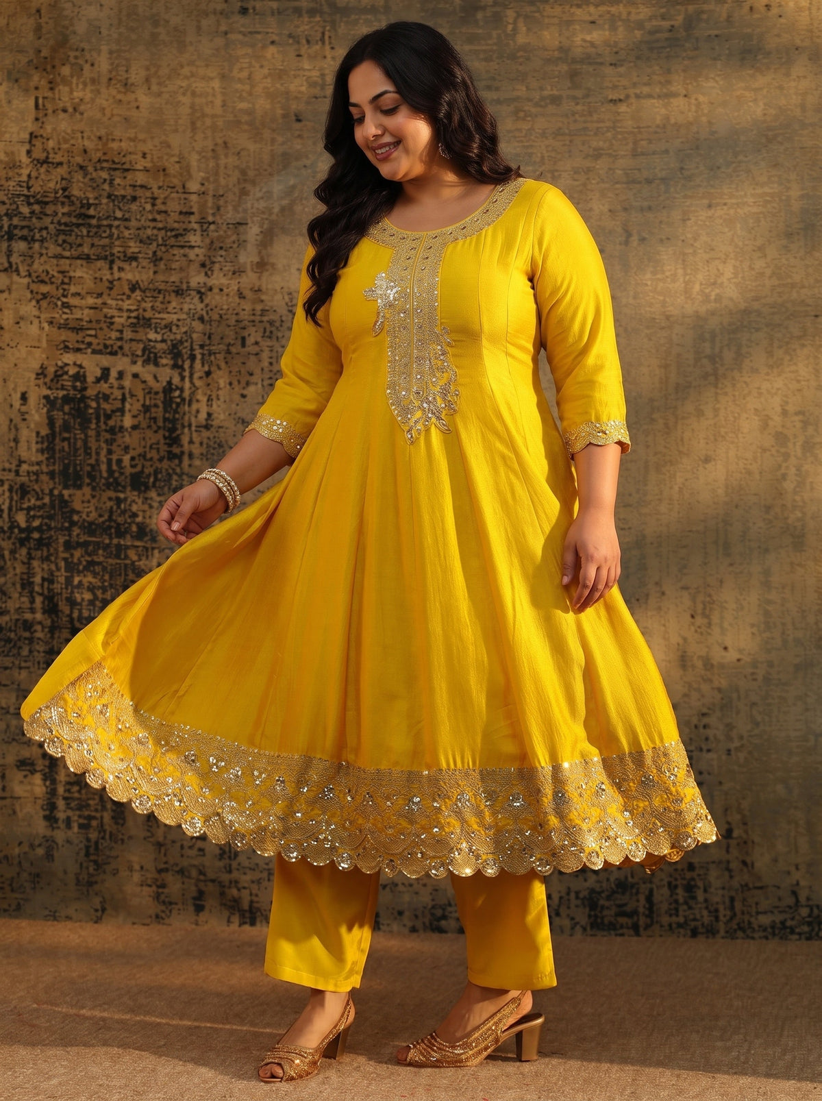 Plus Size Lemon Yellow  Embellished Silk Blend Anarkali Suit Set