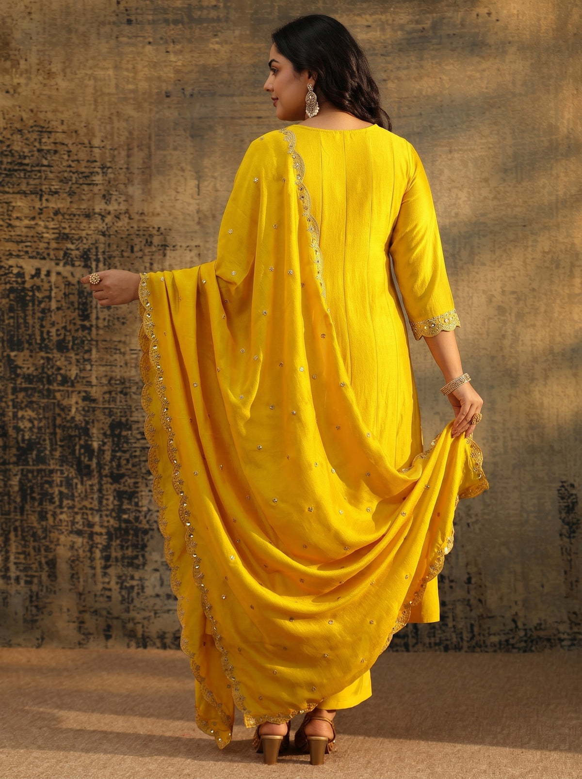 Plus Size Lemon Yellow  Embellished Silk Blend Anarkali Suit Set