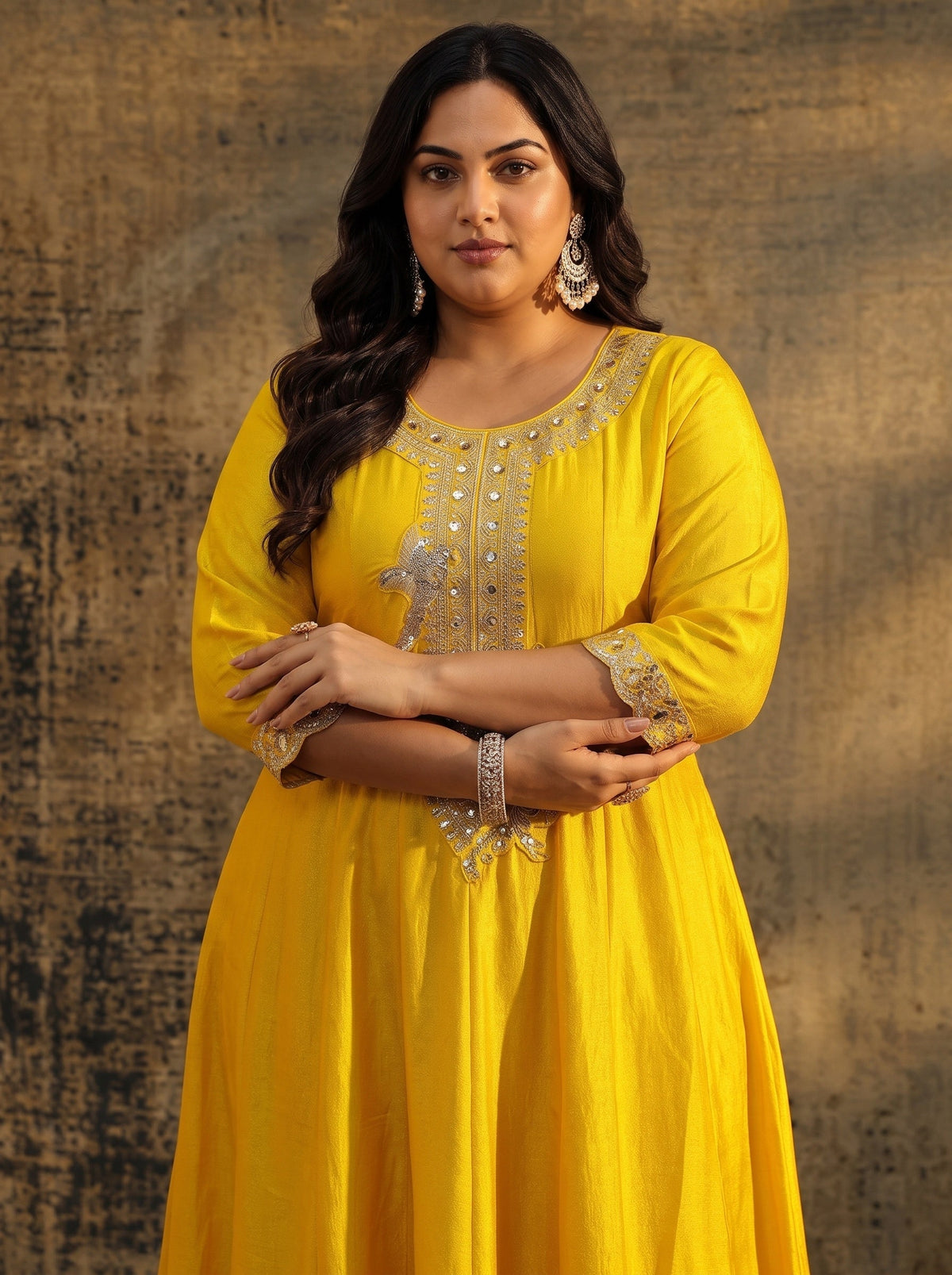 Plus Size Lemon Yellow  Embellished Silk Blend Anarkali Suit Set