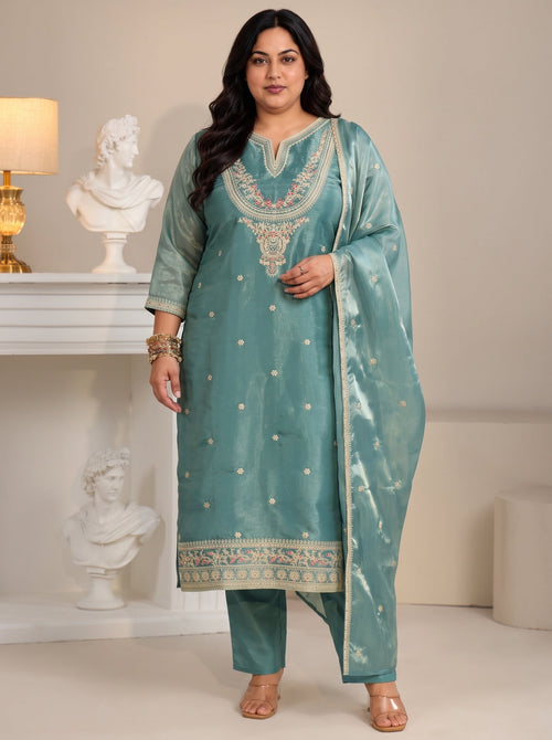 Plus Size Aqua Blue Ethnic Embroidered Tissue Straight  Suit Set