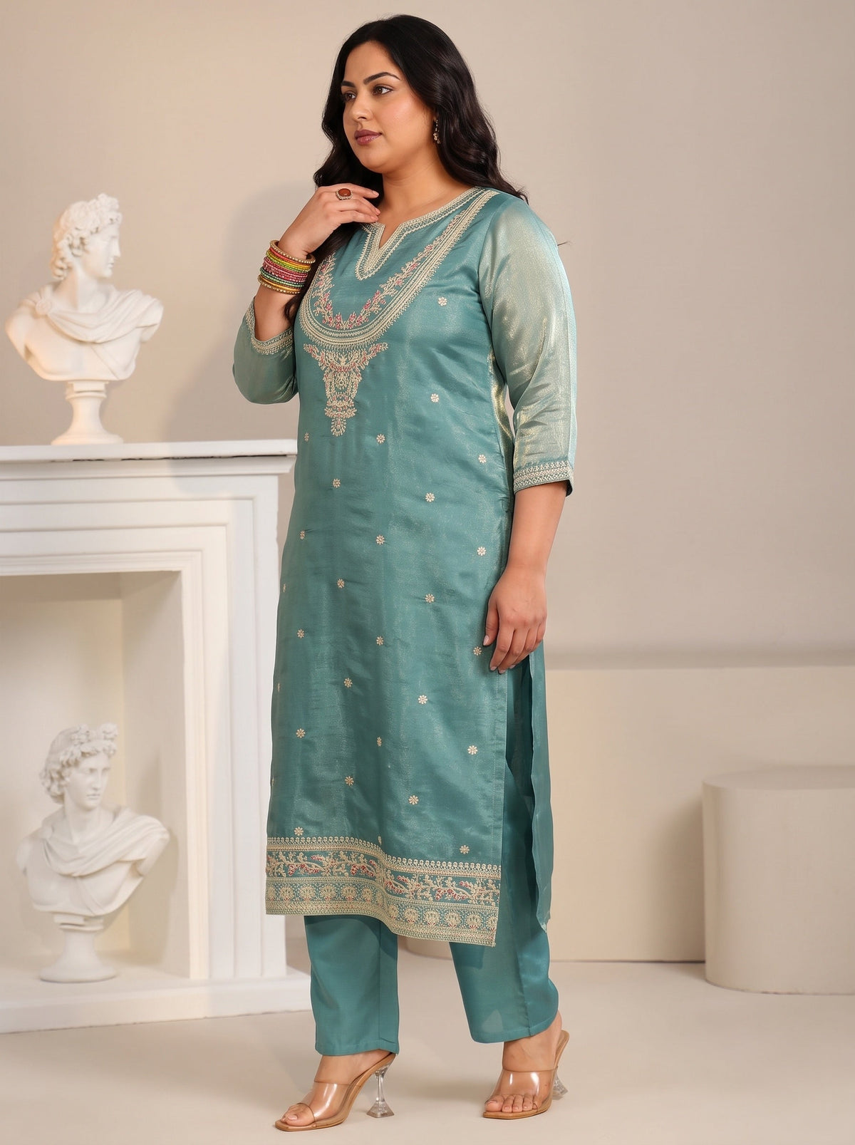 Plus Size Aqua Blue Ethnic Embroidered Tissue Straight  Suit Set