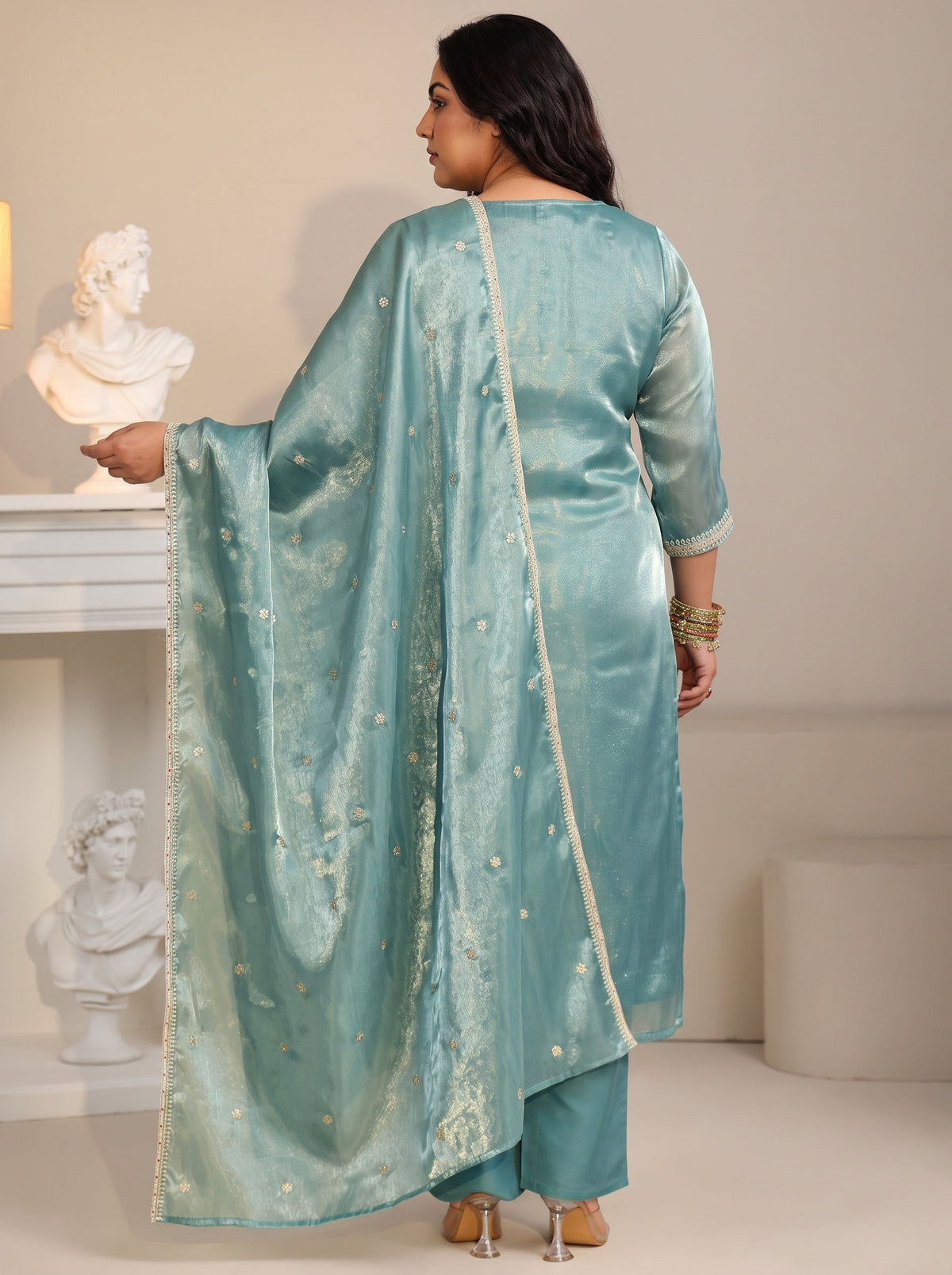 Plus Size Aqua Blue Ethnic Embroidered Tissue Straight  Suit Set