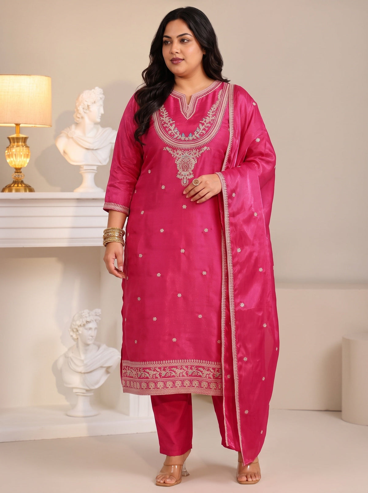 Plus Size Rani Pink Ethnic Embroidered Tissue Straight Suit Set