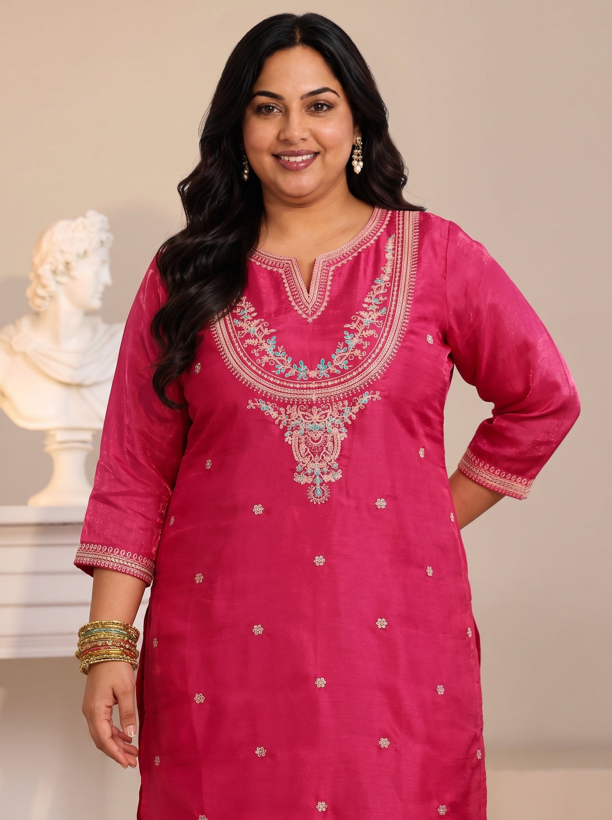 Plus Size Rani Pink Ethnic Embroidered Tissue Straight Suit Set