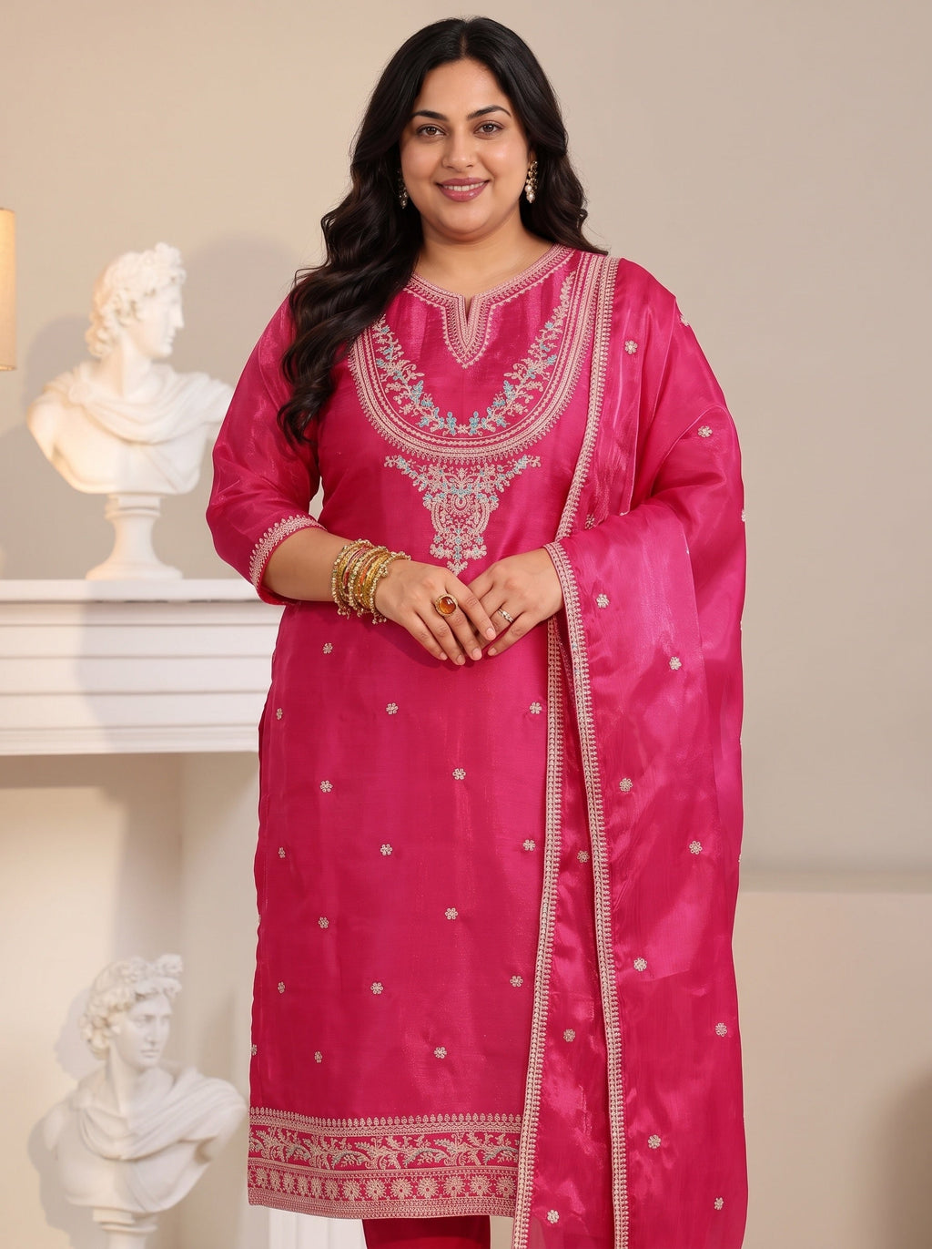 Plus Size Rani Pink Ethnic Embroidered Tissue Straight Suit Set