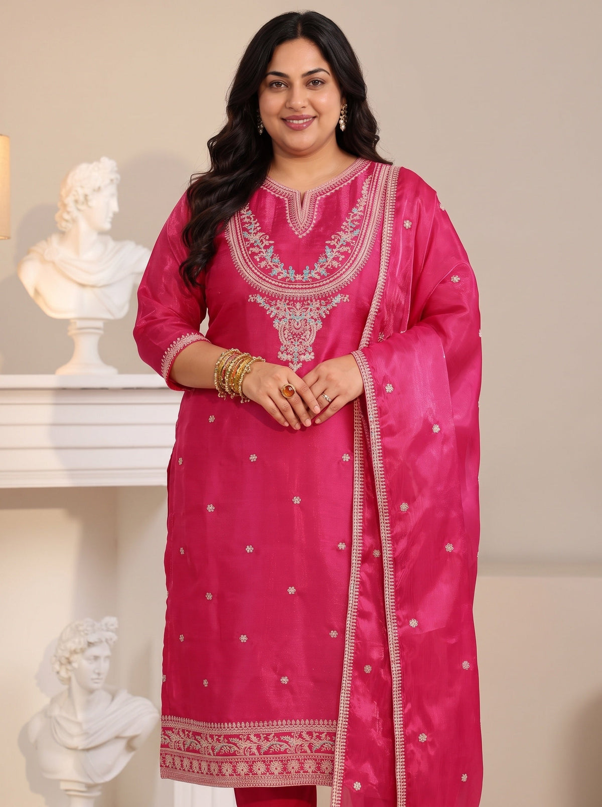 Plus Size Rani Pink Ethnic Embroidered Tissue Straight Suit Set